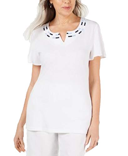 Karen Scott Petite Embroidered Split-Neck Top (Bright White, P/S)