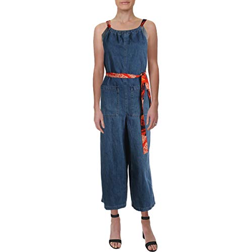 Free People Womens Joyride Denim Printed Straps Jumpsuit Blue 10