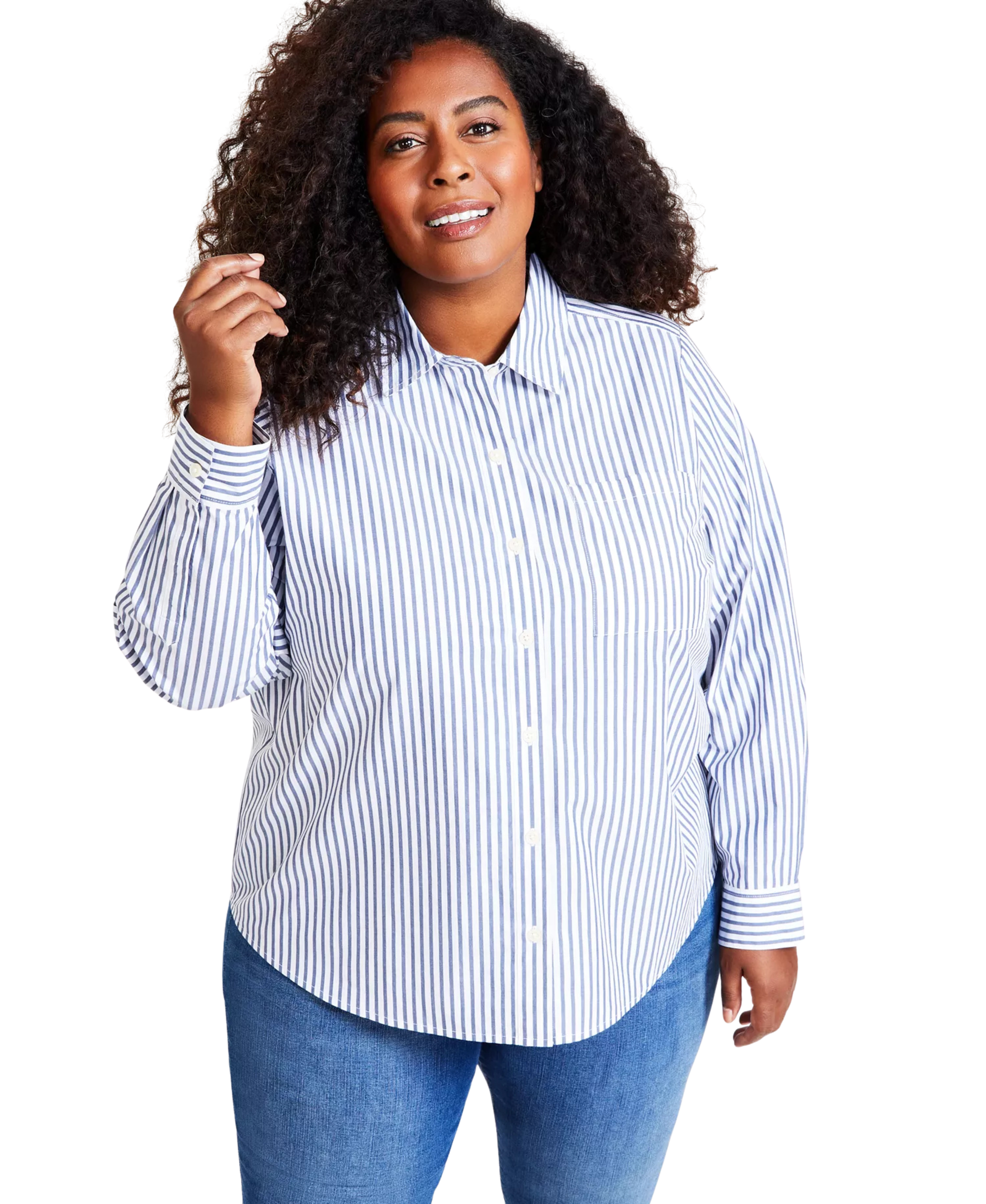 Plus Size Striped Button-Down Shirt Stripe White 0X