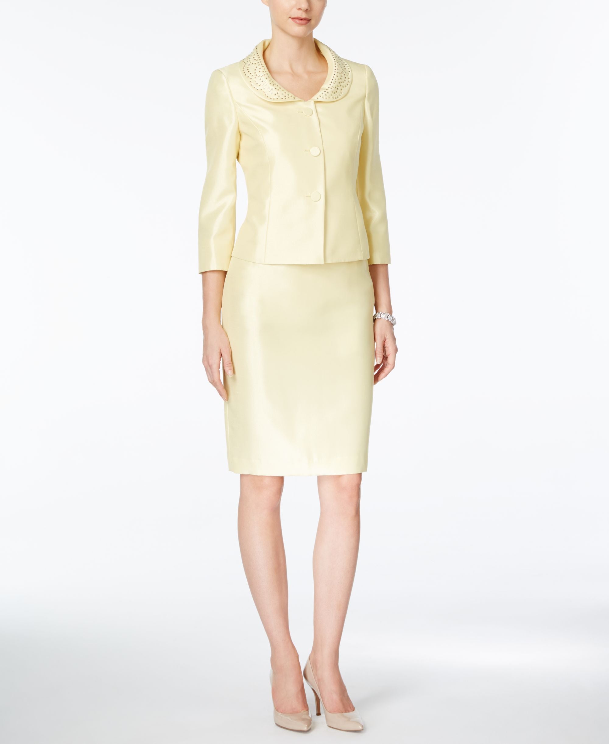 Kasper Lemon Ice Women Jeweled Collar Skirt Suit Set