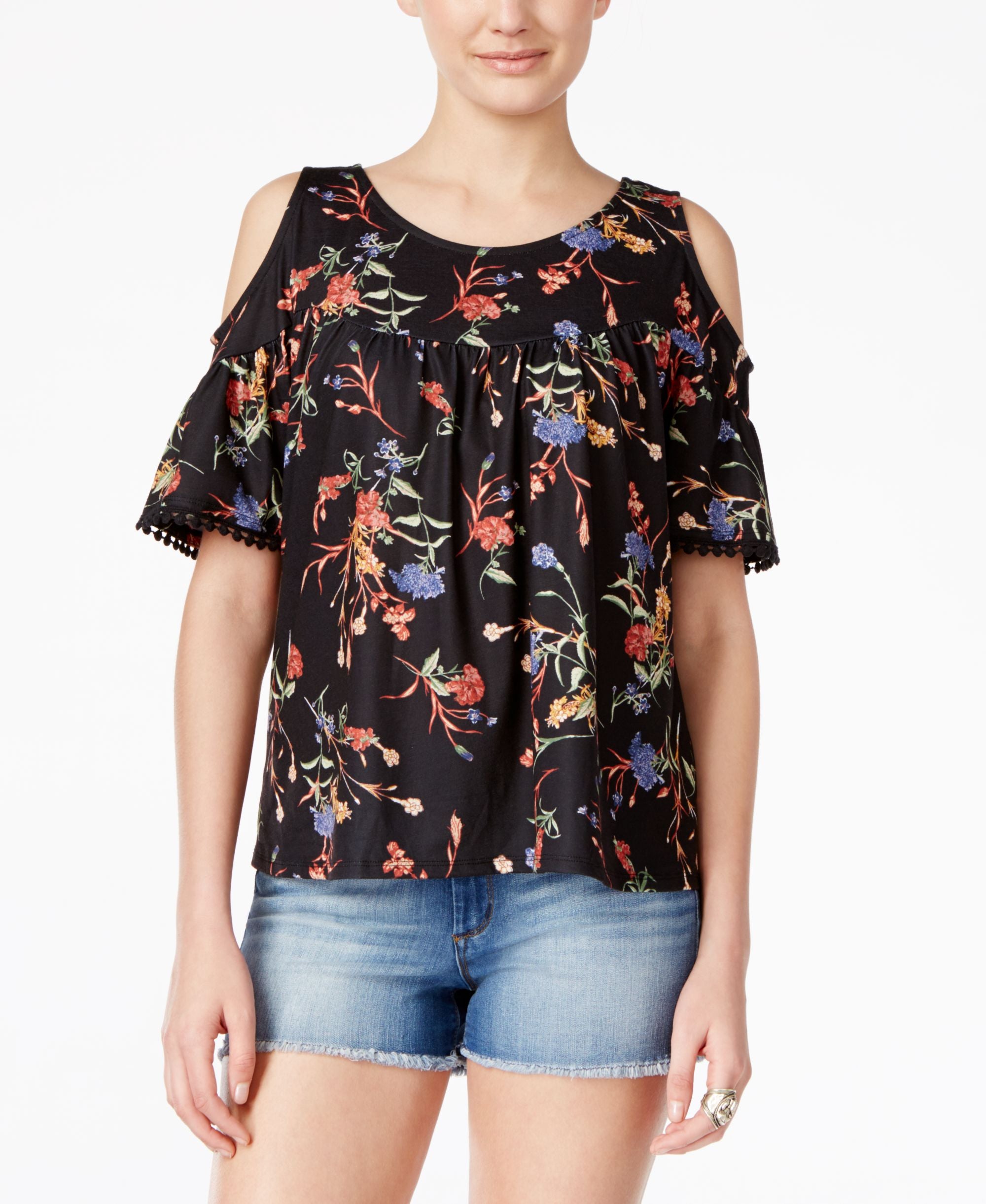 Be Bop Juniors' Floral Printed Cold-Shoulder Top