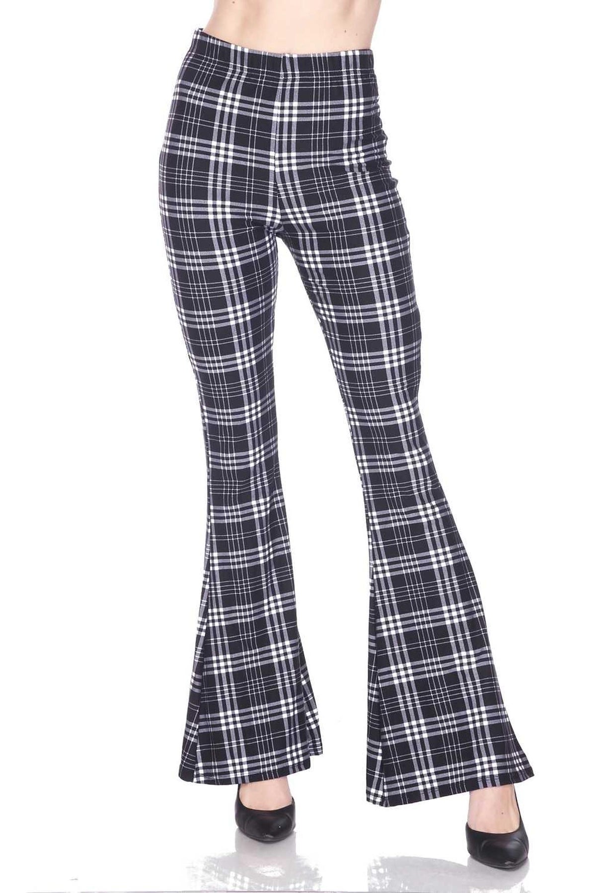 Buttery Smooth Traditional Black and White Plaid Bell Bottom Leggings