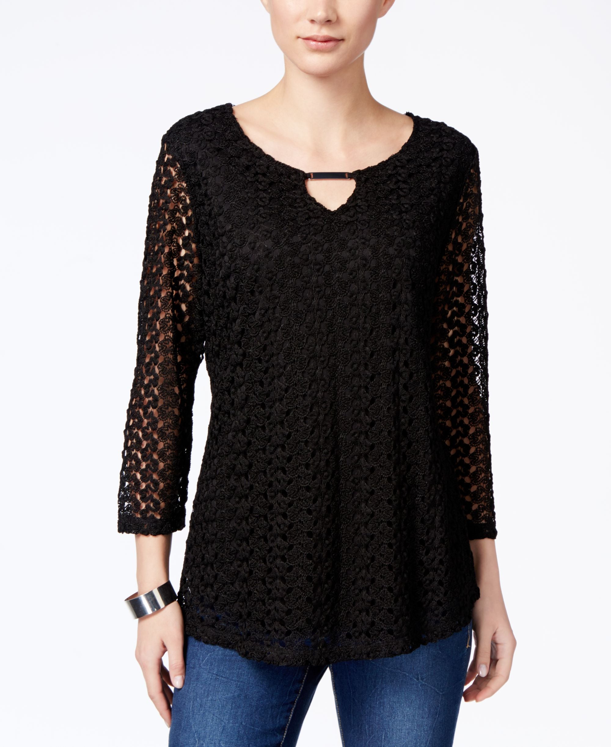 JM Collection Petite Crocheted Keyhole Blouse