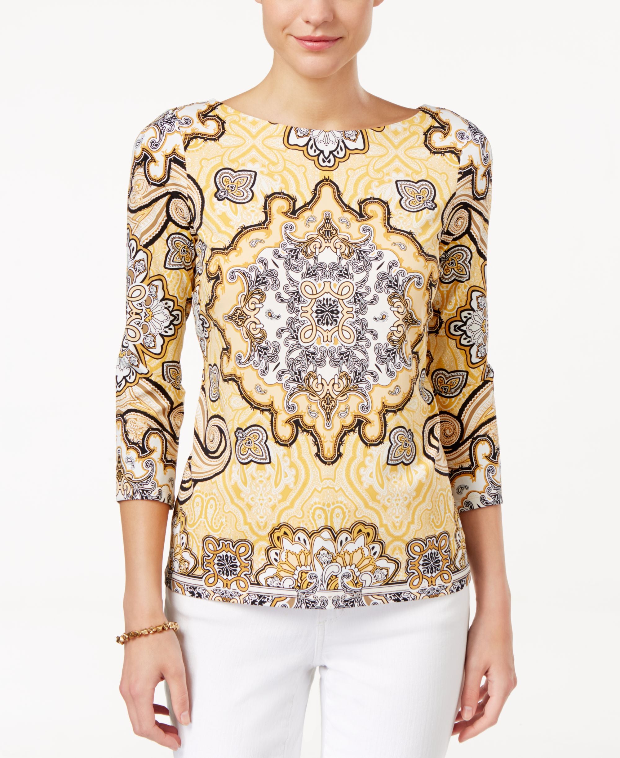 Charter Club Petite Paisley-Print Boat-Neck Top