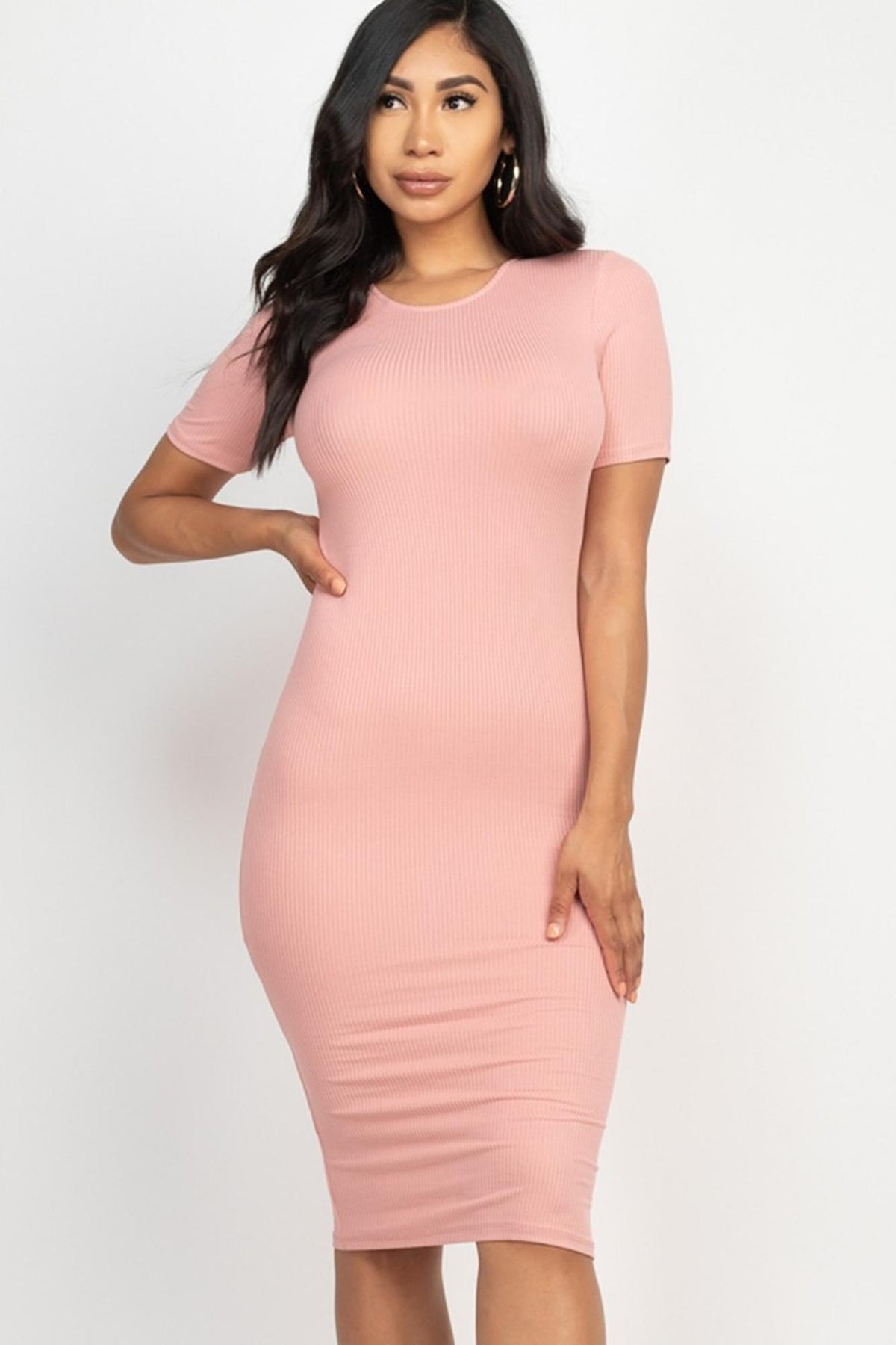 Short Sleeve Rib Knit Bodycon Midi Dress
