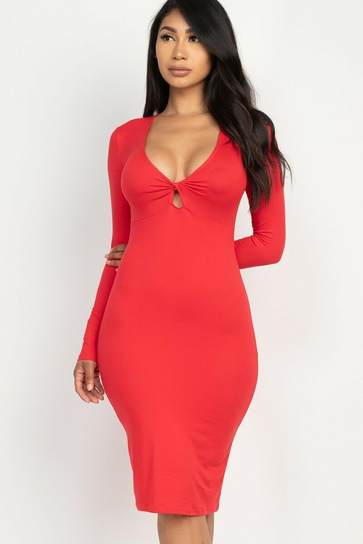 V-Neck Keyhole Twist Front Long Sleeve Bodycon Midi Dress