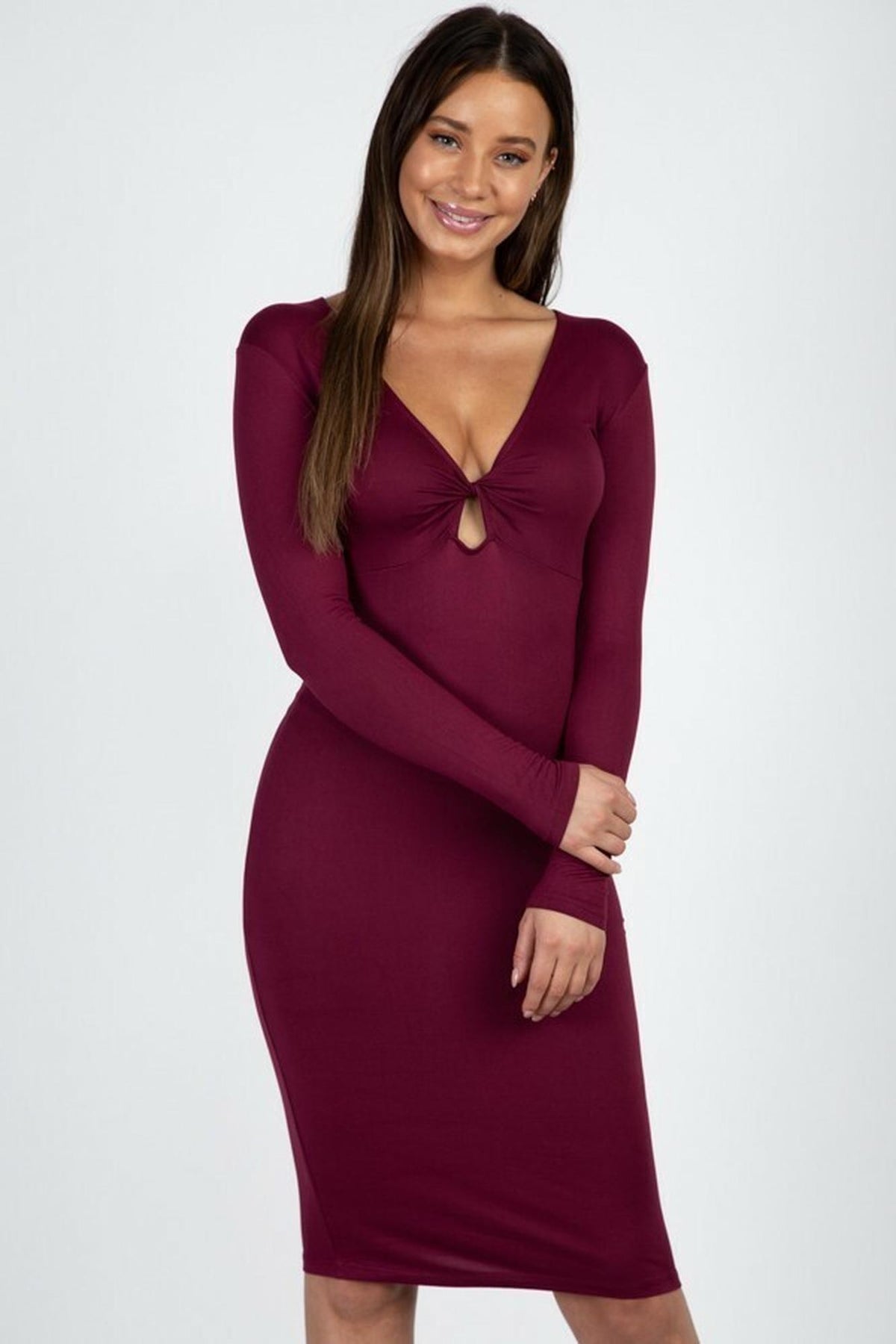 V-Neck Keyhole Twist Front Long Sleeve Bodycon Midi Dress