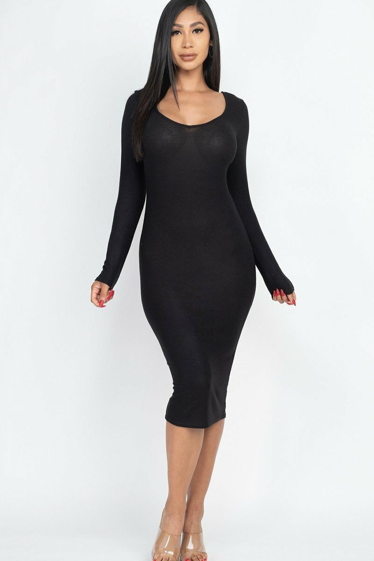 Long Sleeve Brushed Knit Scoop Back Midi Dress