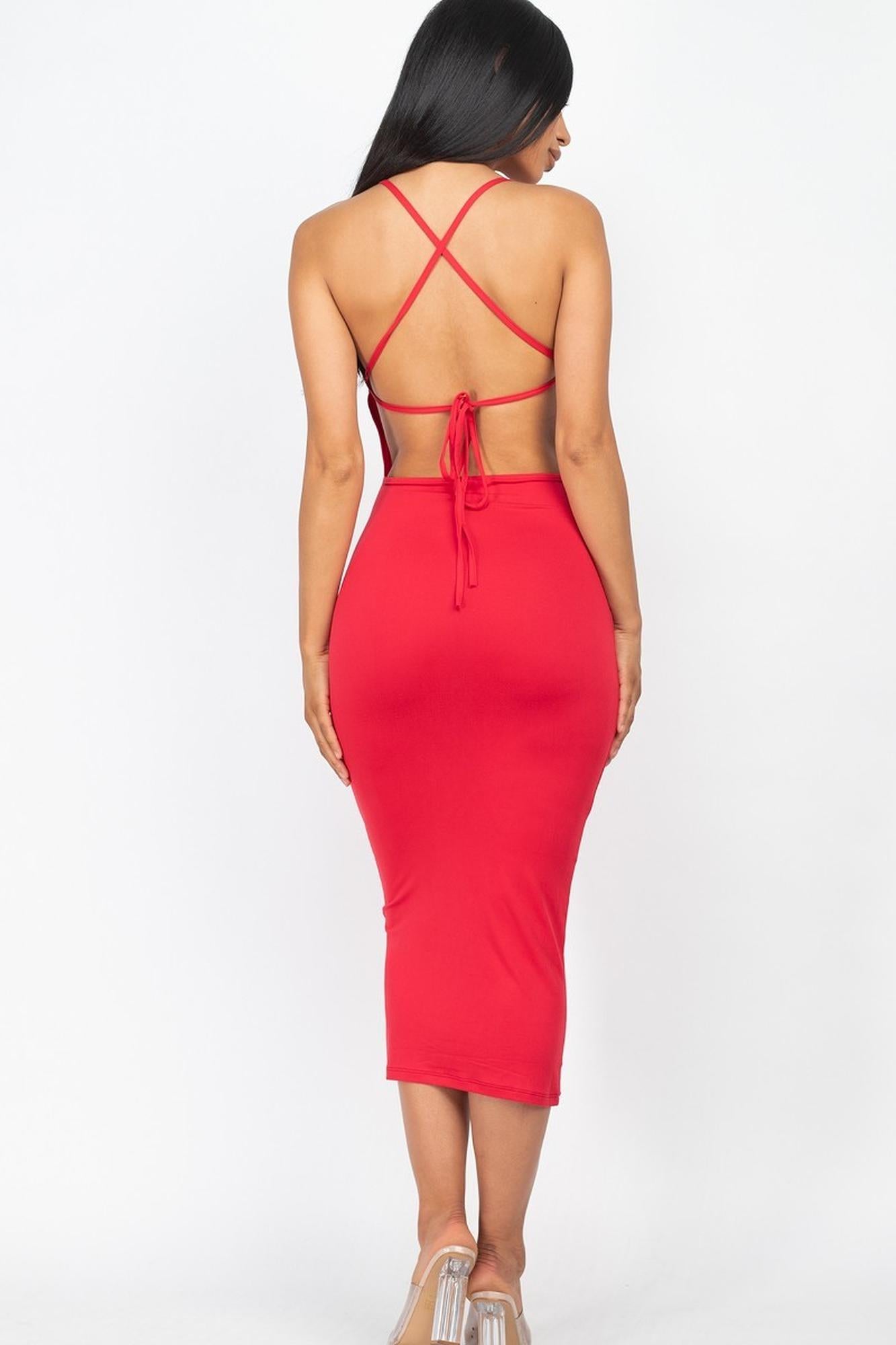 Open Crisscross Tie Back Bodycon Midi Dress