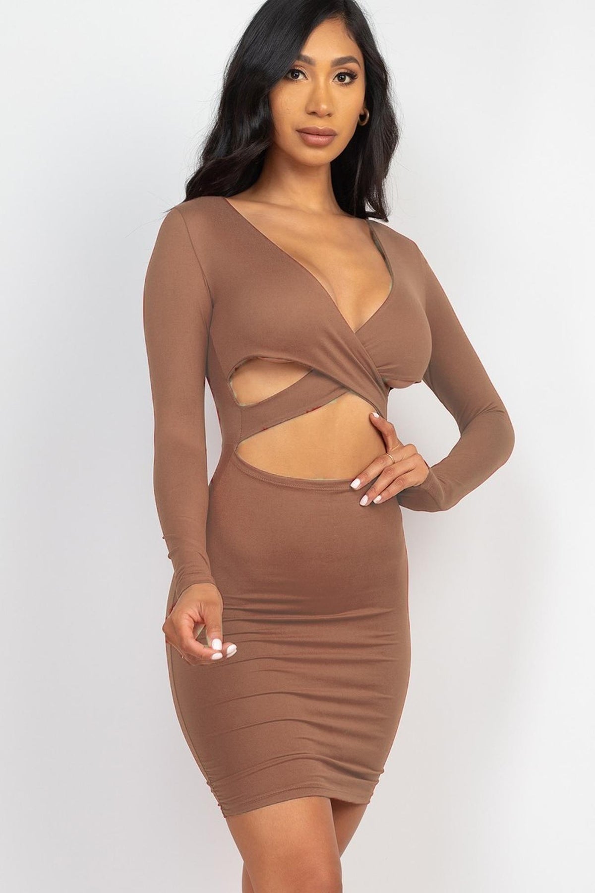 Long Sleeve Crisscross Cut Out Front Mini Bodycon Dress