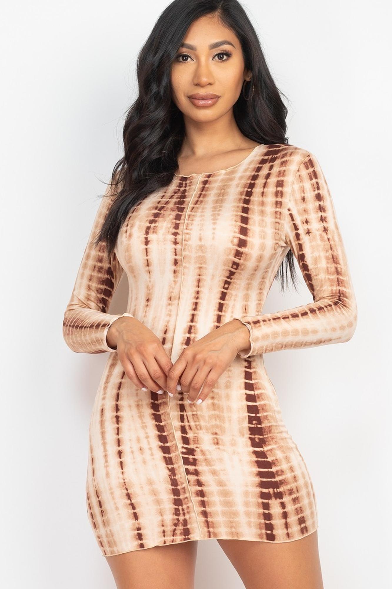 Long Sleeve Lettuce Trim Tie Dye Bodycon Mini Dress