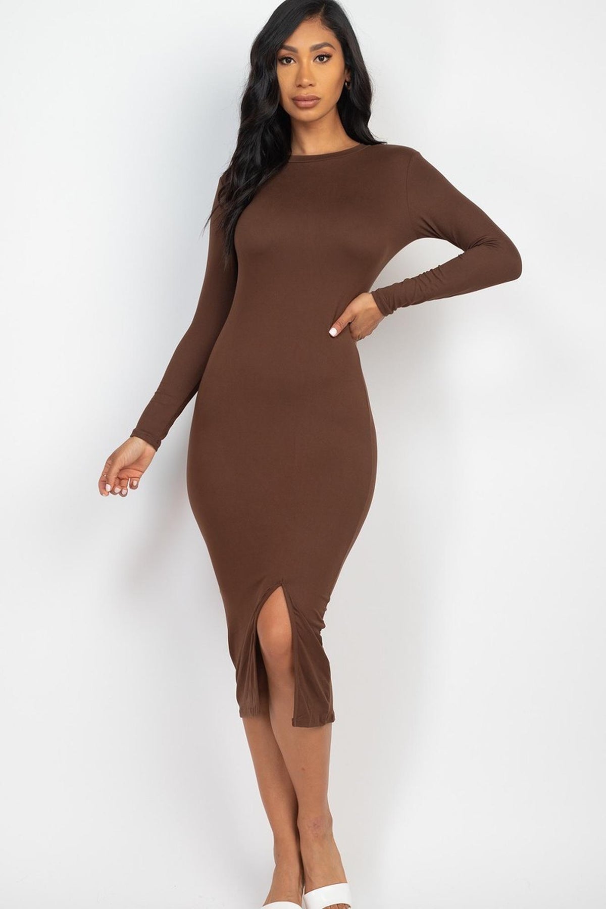 Solid Long Sleeve Thigh Slit Midi Broycon Dress