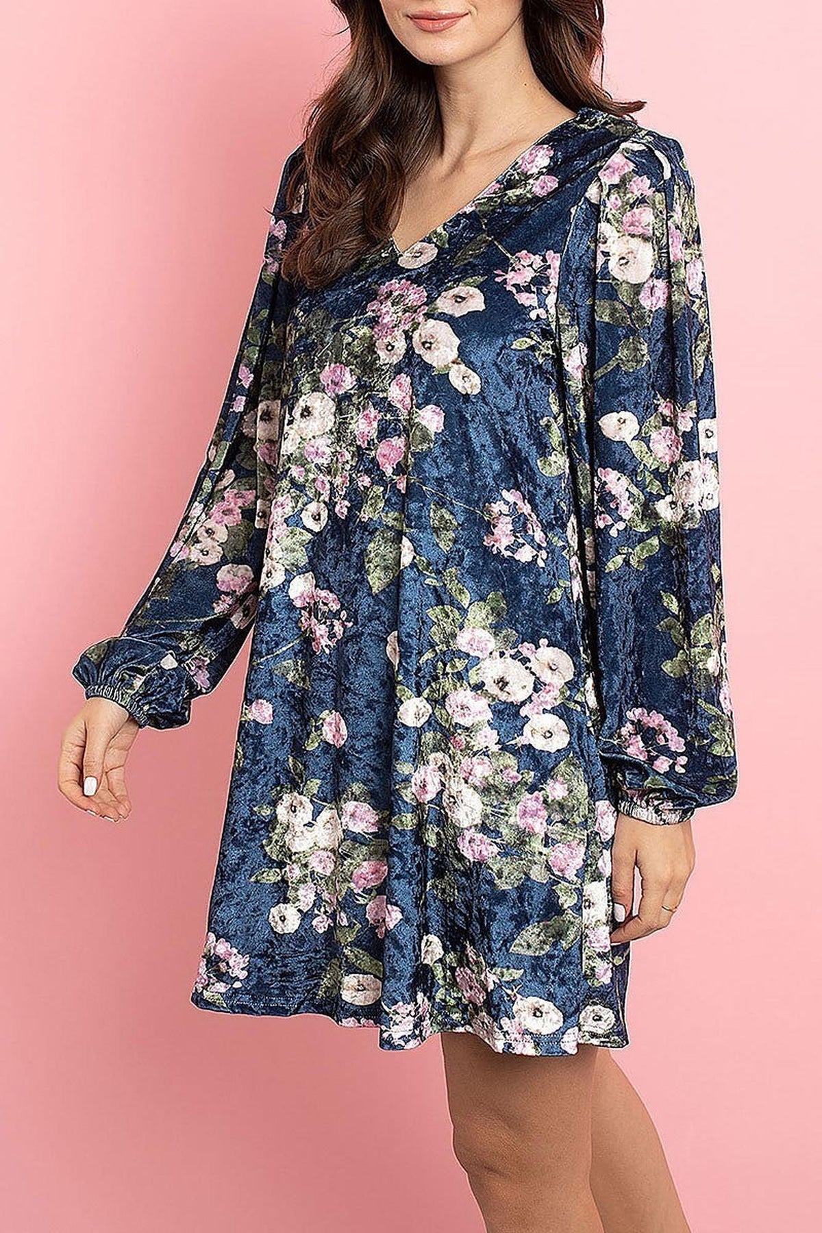 Velvet Floral Long Sleeve Gathered Cuff V-Neck Mini Dress