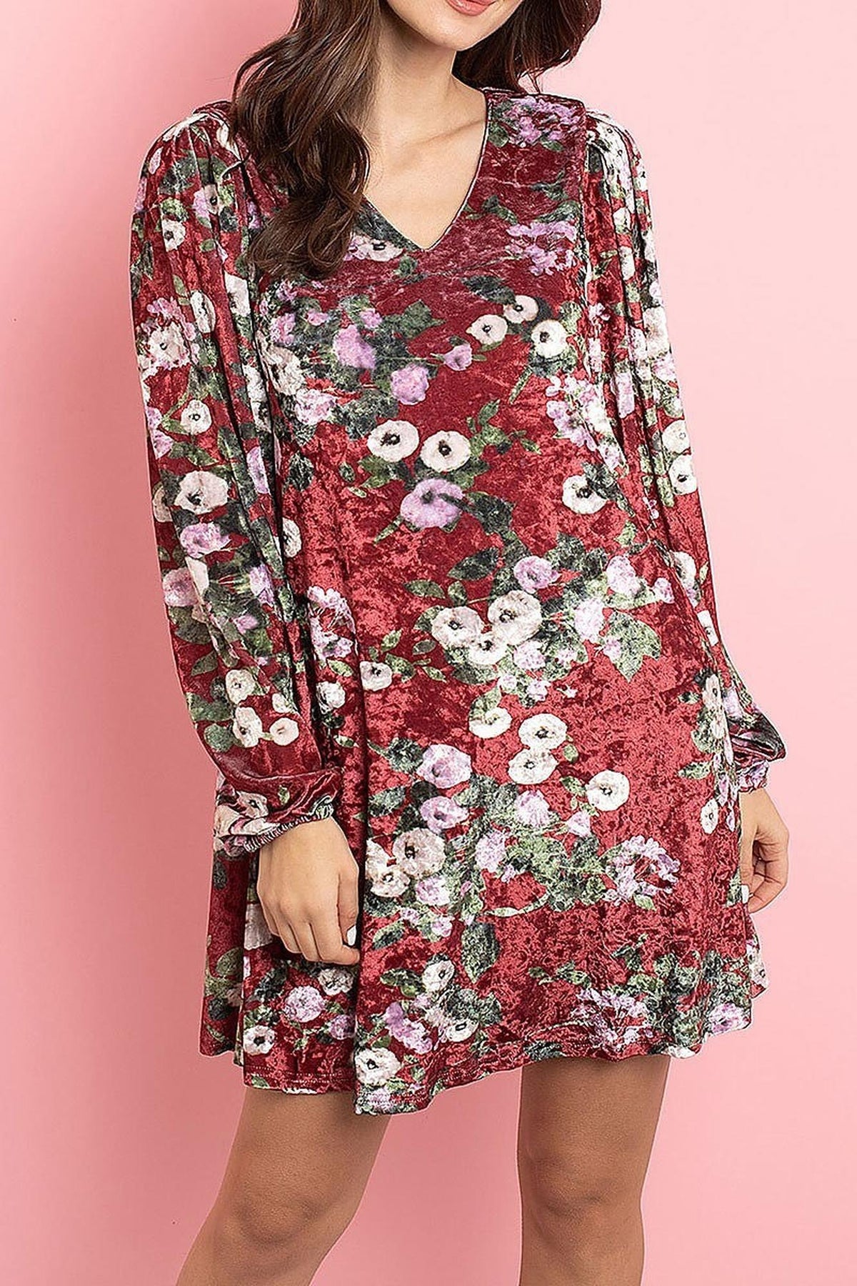 Velvet Floral Long Sleeve Gathered Cuff V-Neck Mini Dress