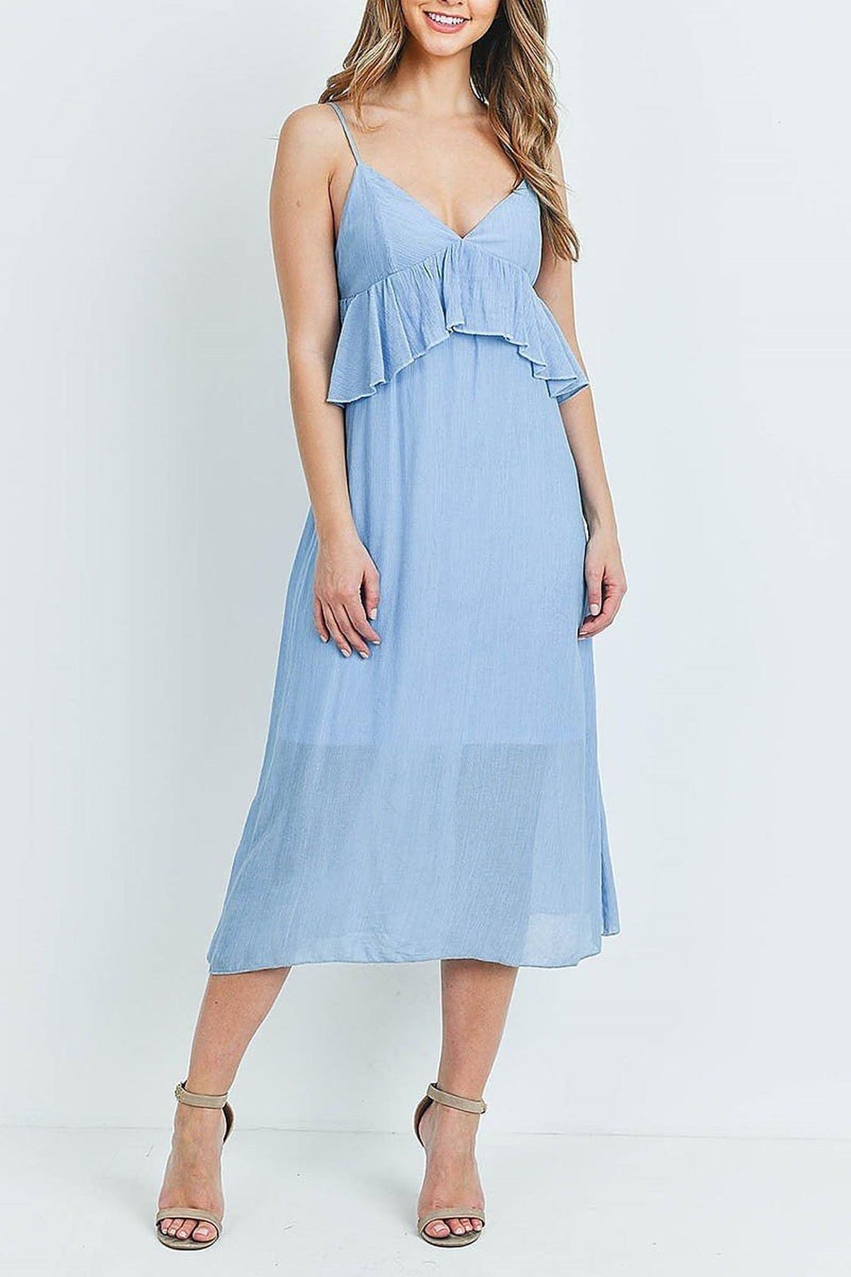Ruffle Accent V-Neck Flare Midi Dress