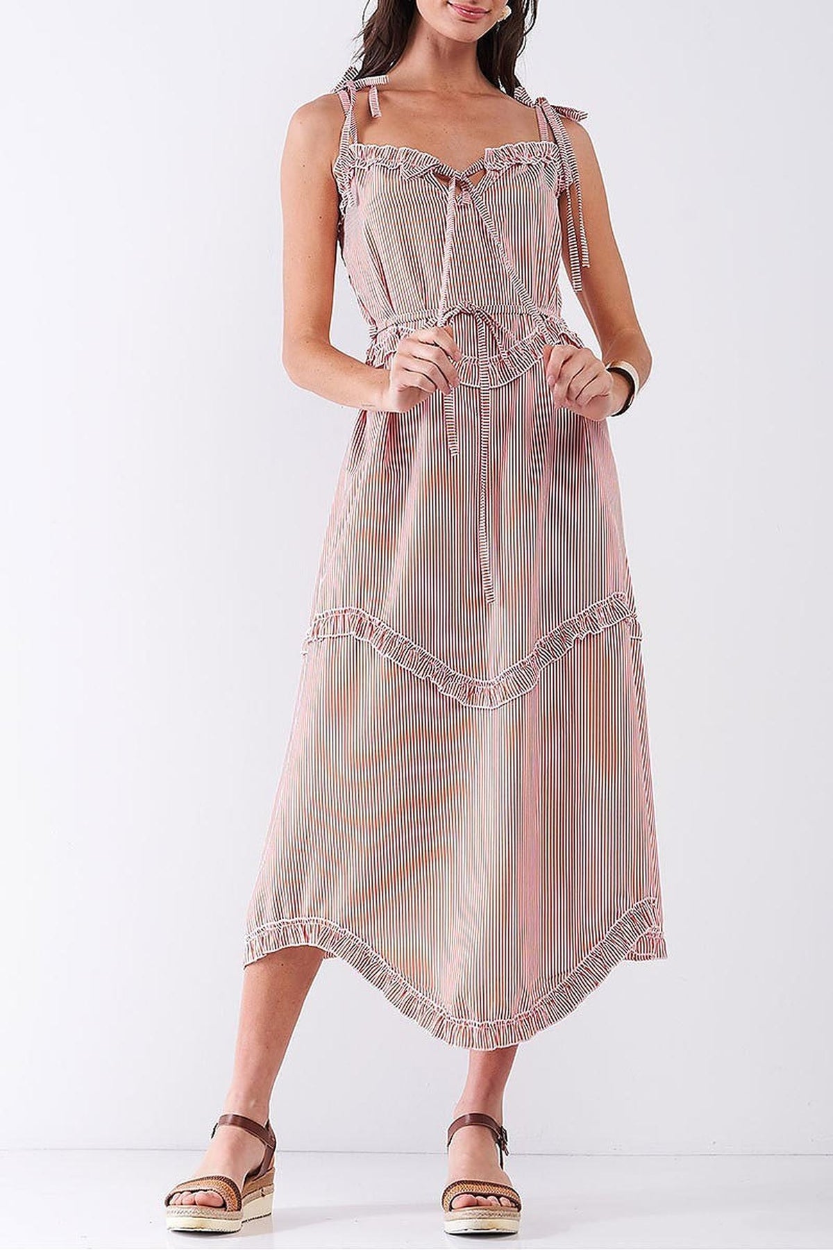 Ruffle Accent Striped Tie String Wavy Hem Rayon Midi Dress