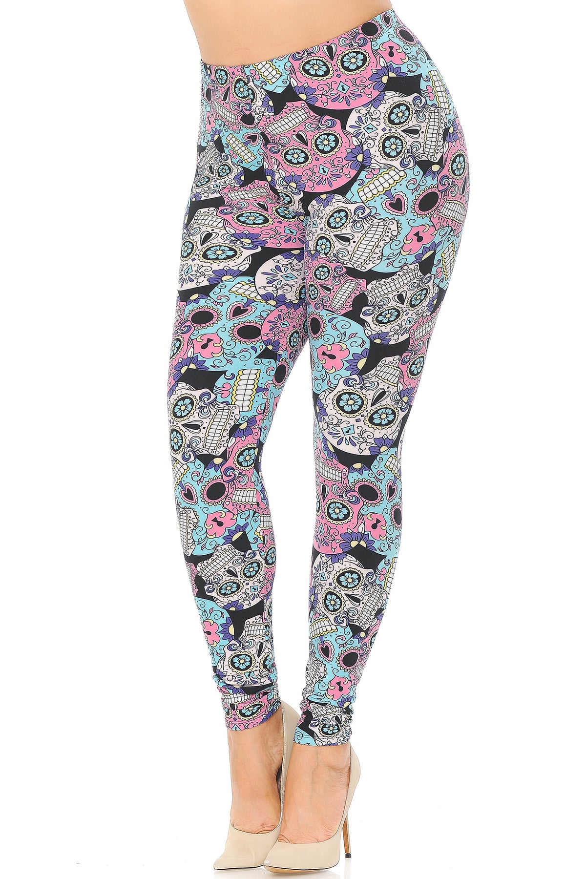 Buttery Soft Pastel Sugar Skull Extra Plus Size Leggings - 3X-5X (XPlus One Size,Multi Color Bold)