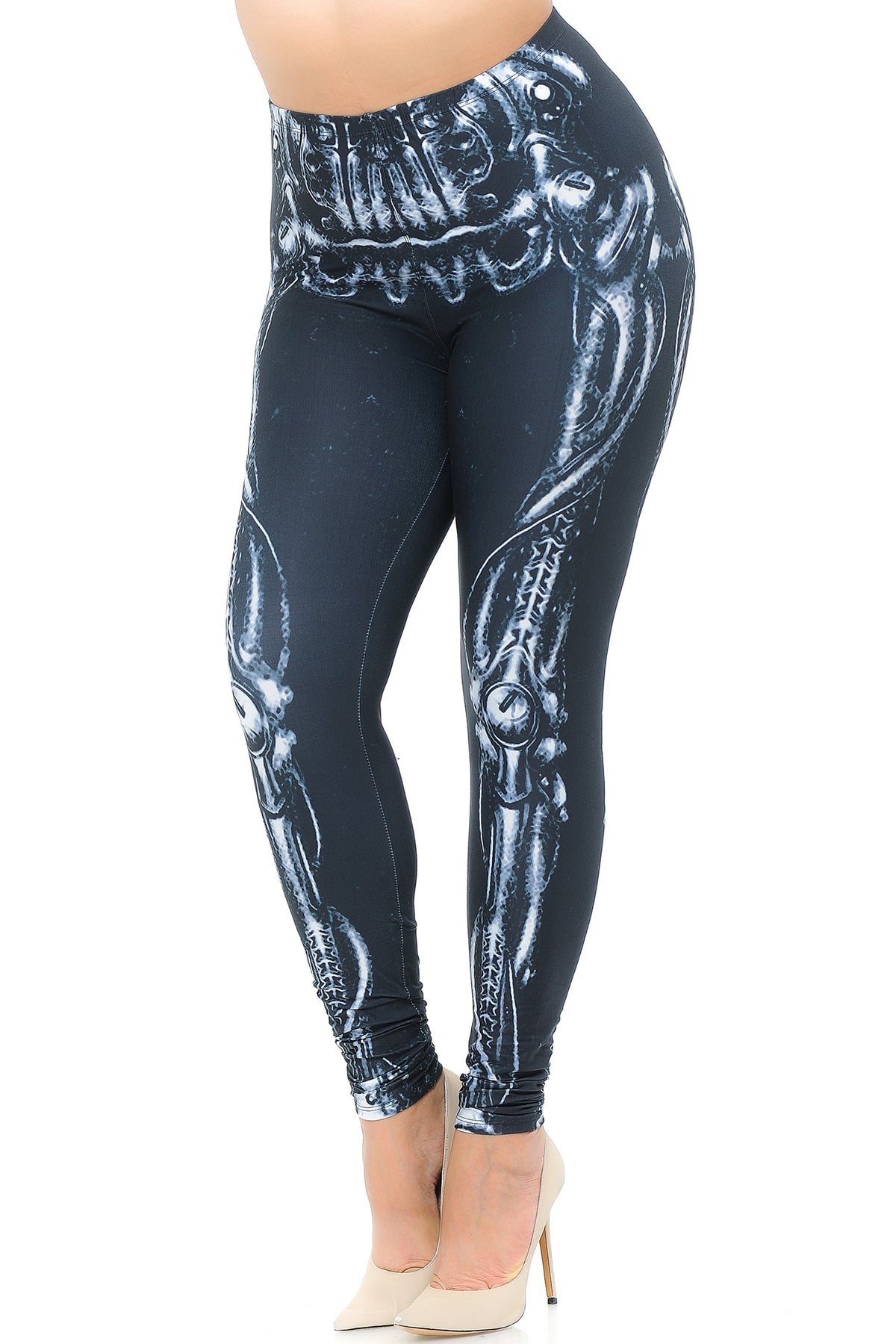 Creamy Soft Black Bio Mechanical Skeleton Extra Plus Size Leggings (Steam Punk) - 3X-5X - USA Fashion (XPlus One Size,Black)