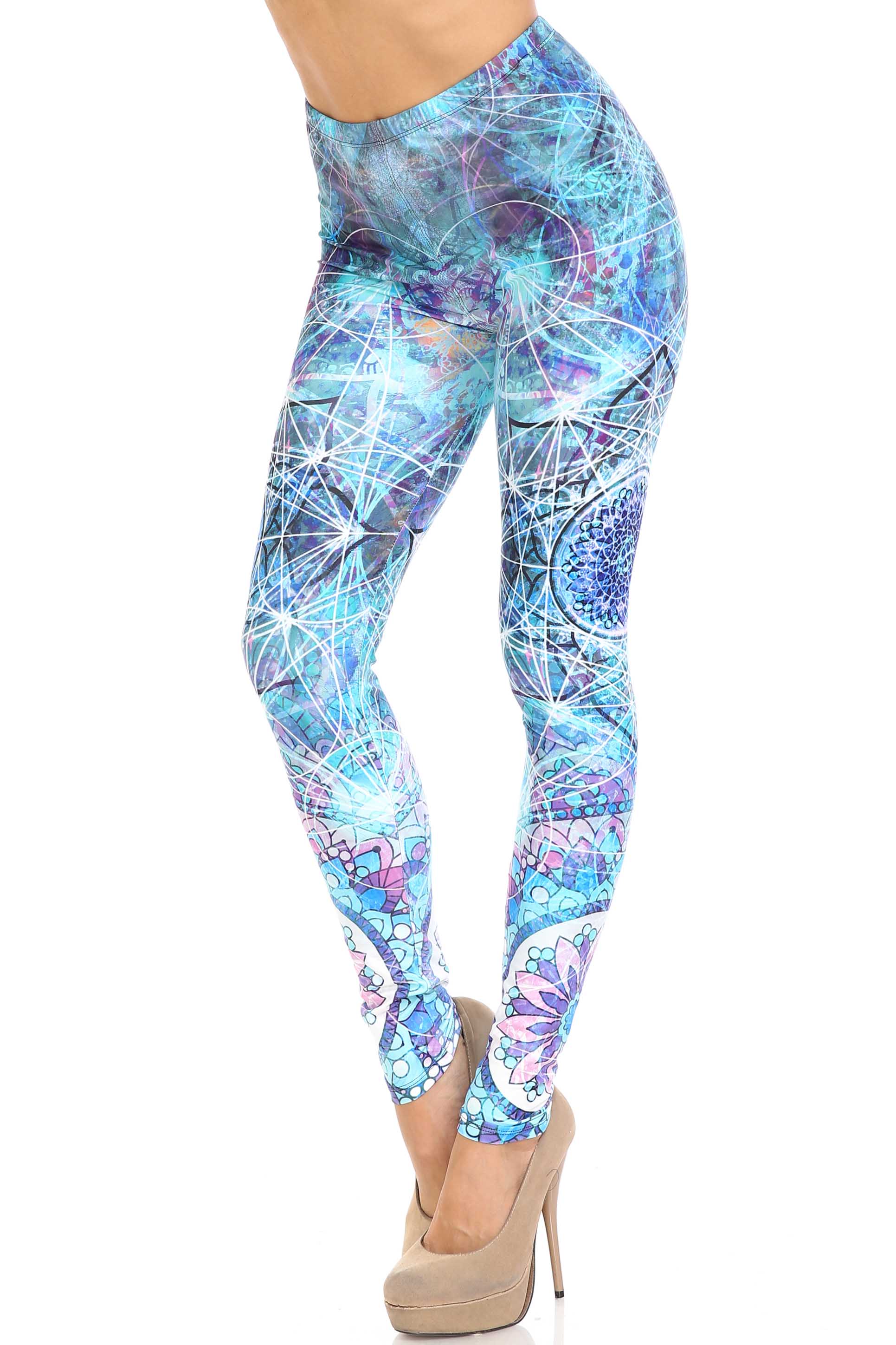 Creamy Soft Cyan Mandala Extra Plus Size Leggings - 3X-5X - USA Fashion (XPlus One Size,Blue)
