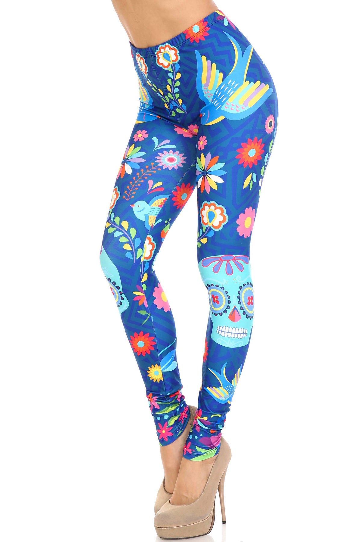 Creamy Soft Garden of Eden Sugar Skull Extra Plus Size Leggings - 3X-5X - USA Fashion (XPlus One Size,Blue)