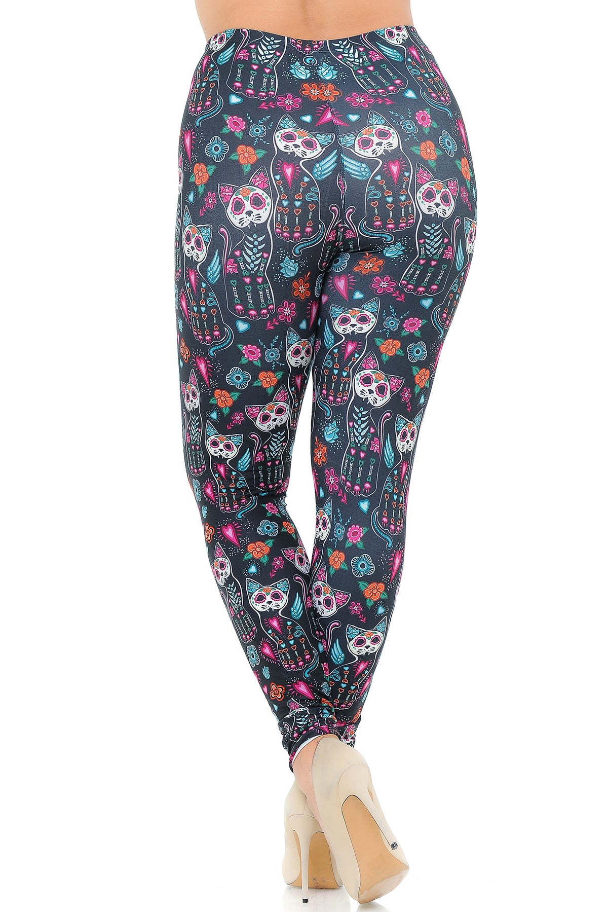 Creamy Soft Sugar Skull Kitty Cats Extra Plus Size Leggings - 3X-5X - USA Fashion (XPlus One Size,Multi Color Bold)