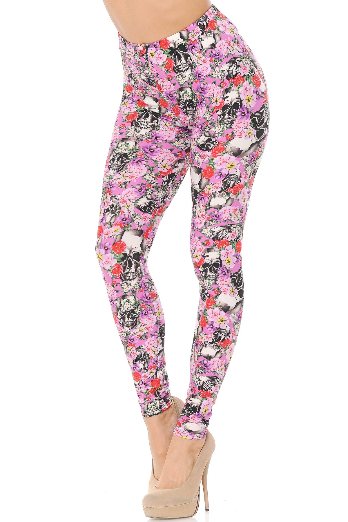 Buttery Soft Pink Blossom Skulls Leggings (One Size Regular,Pink)