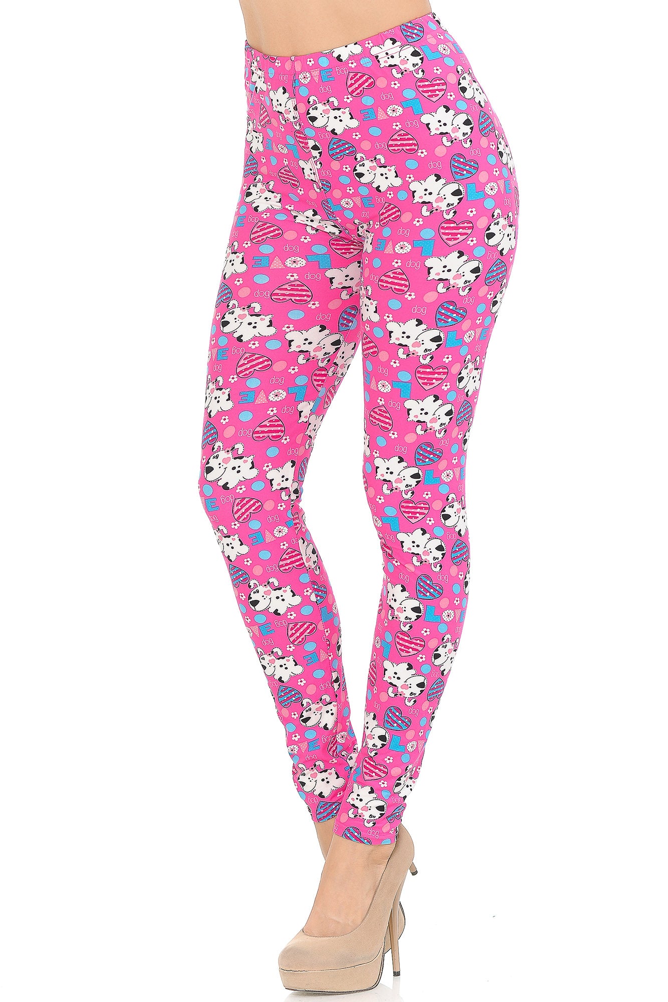 Buttery Soft Pink Puppy Dogs Leggings (One Size Regular,Pink)