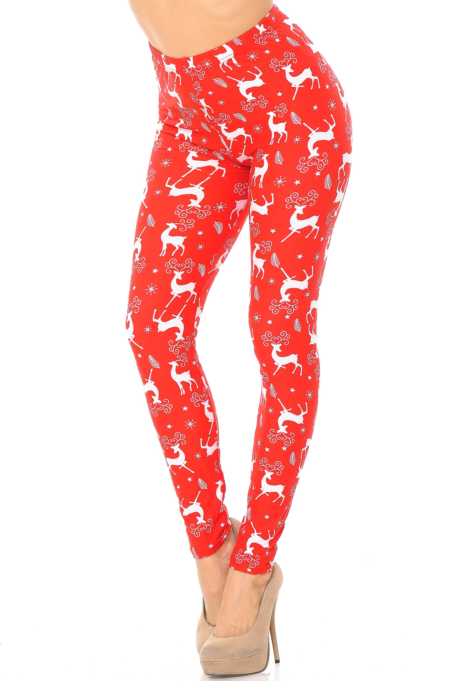 Buttery Soft Prancing Christmas Reindeer Plus Size Leggings (One Size Plus,Red)