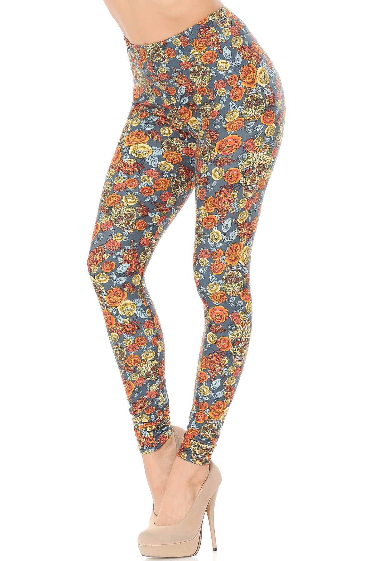 Buttery Soft Charcoal Rose and Skulls Leggings (One Size Regular,Charcoal)