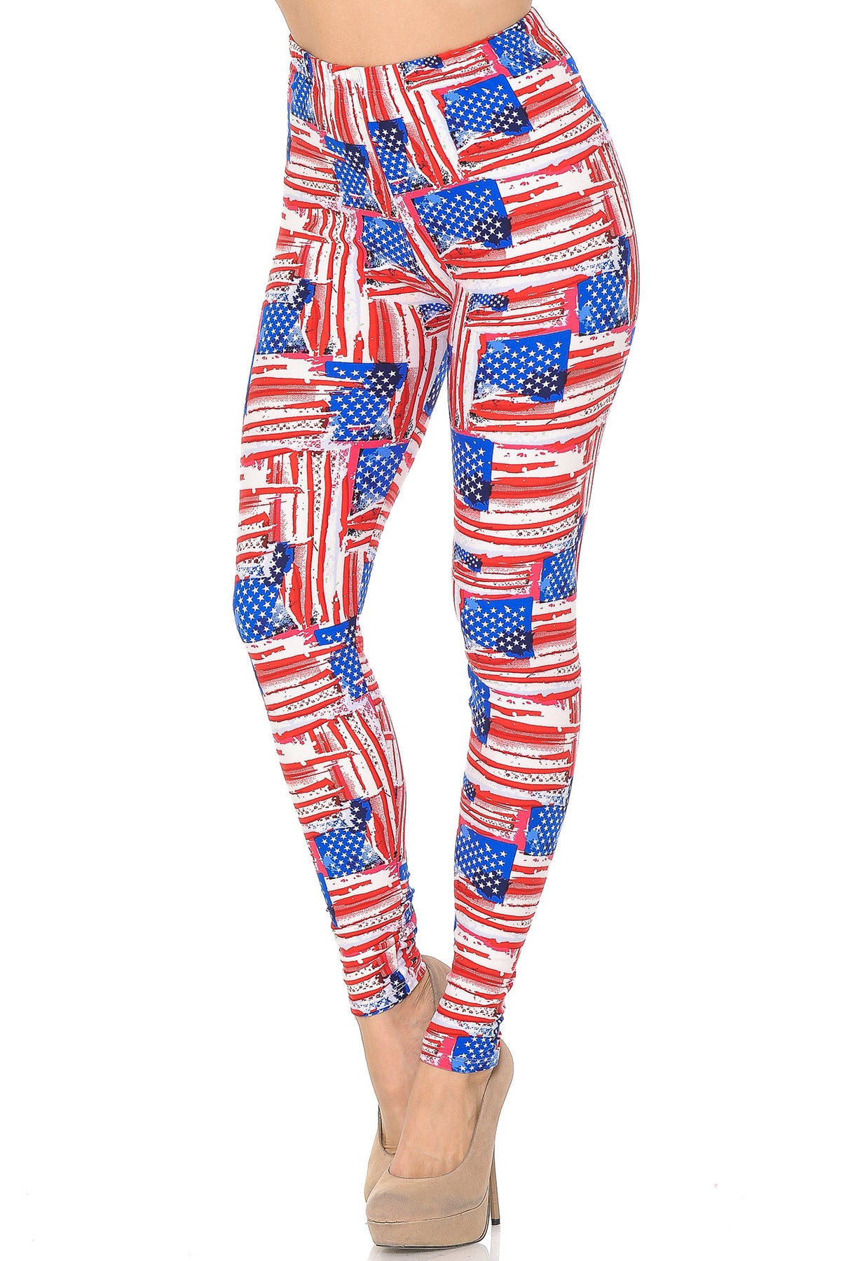 Buttery Soft Watercolor USA Flag Leggings (One Size Regular,Red)