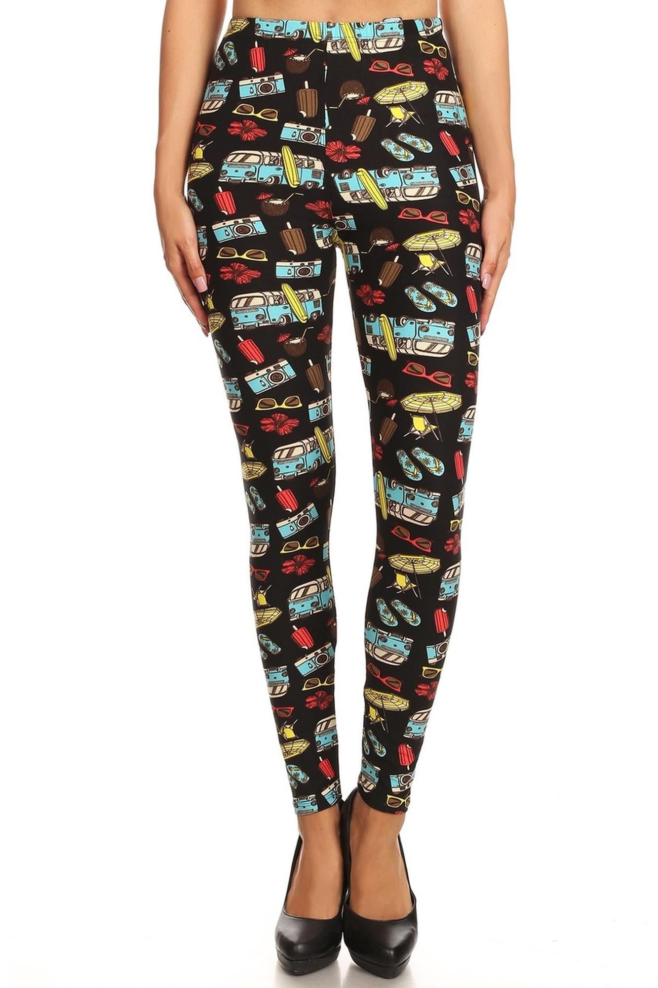 Buttery Soft Hippy Van Summer Holiday Leggings (One Size Regular,Black)