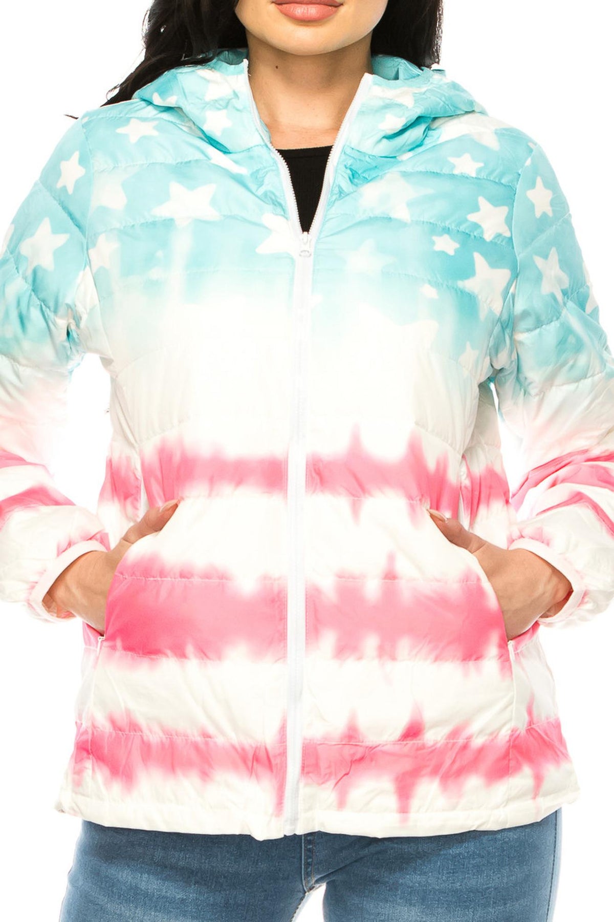 Women's Pink & Blue Star Daub Winter Puffer Down Jacket (One Size Regular,Blue)