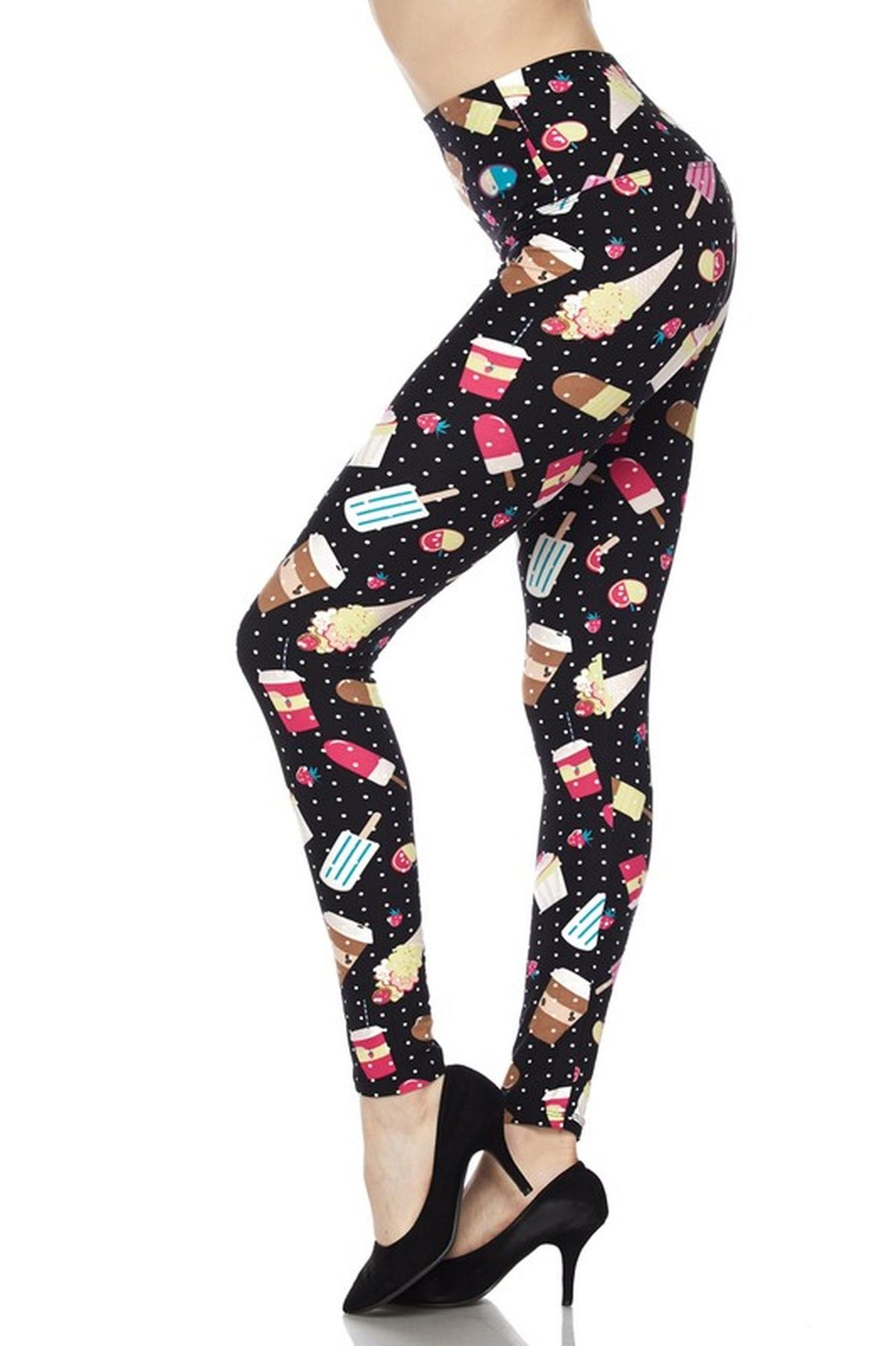 Buttery Soft Summer Treats High Waisted Plus Size Leggings - White Mini Dots (One Size Plus,Black)
