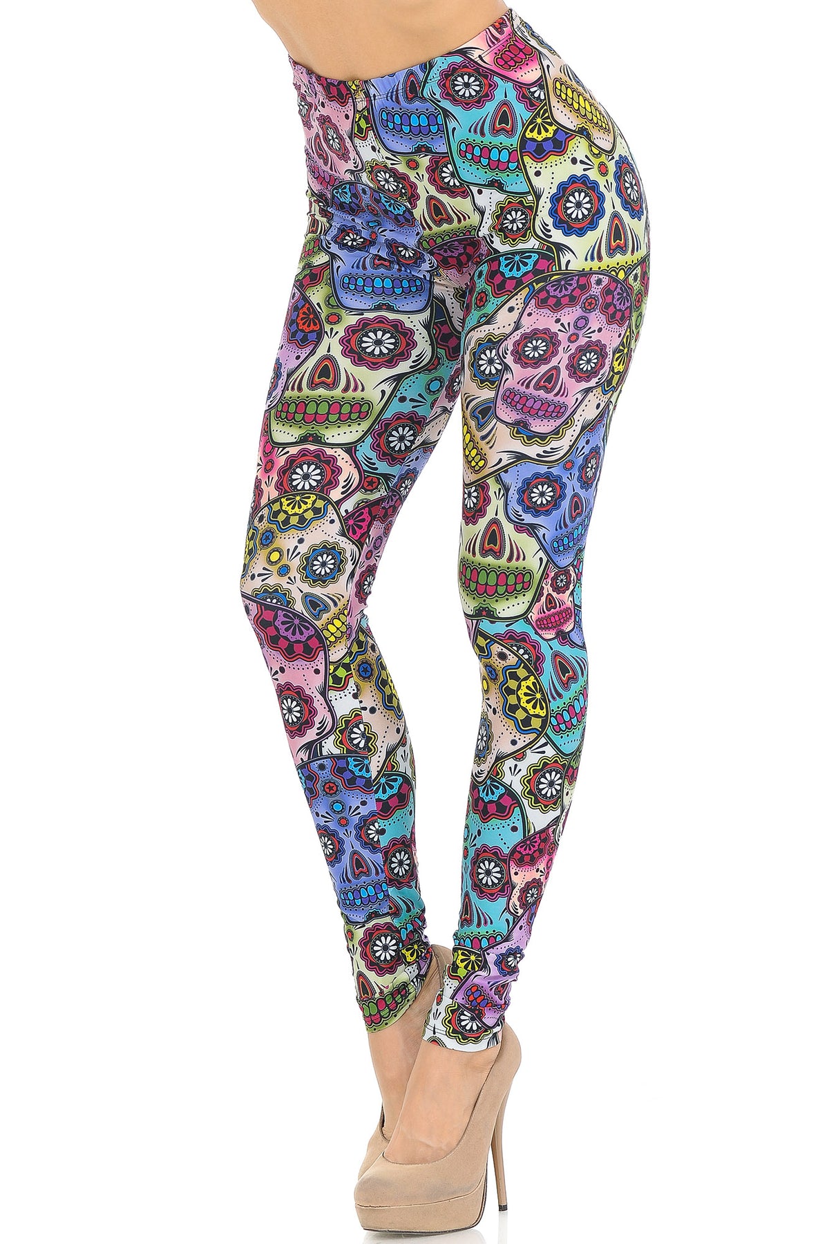 Creamy Soft Sugar Skull Leggings - USA Fashion (One Size Regular,Multi Color Bold)