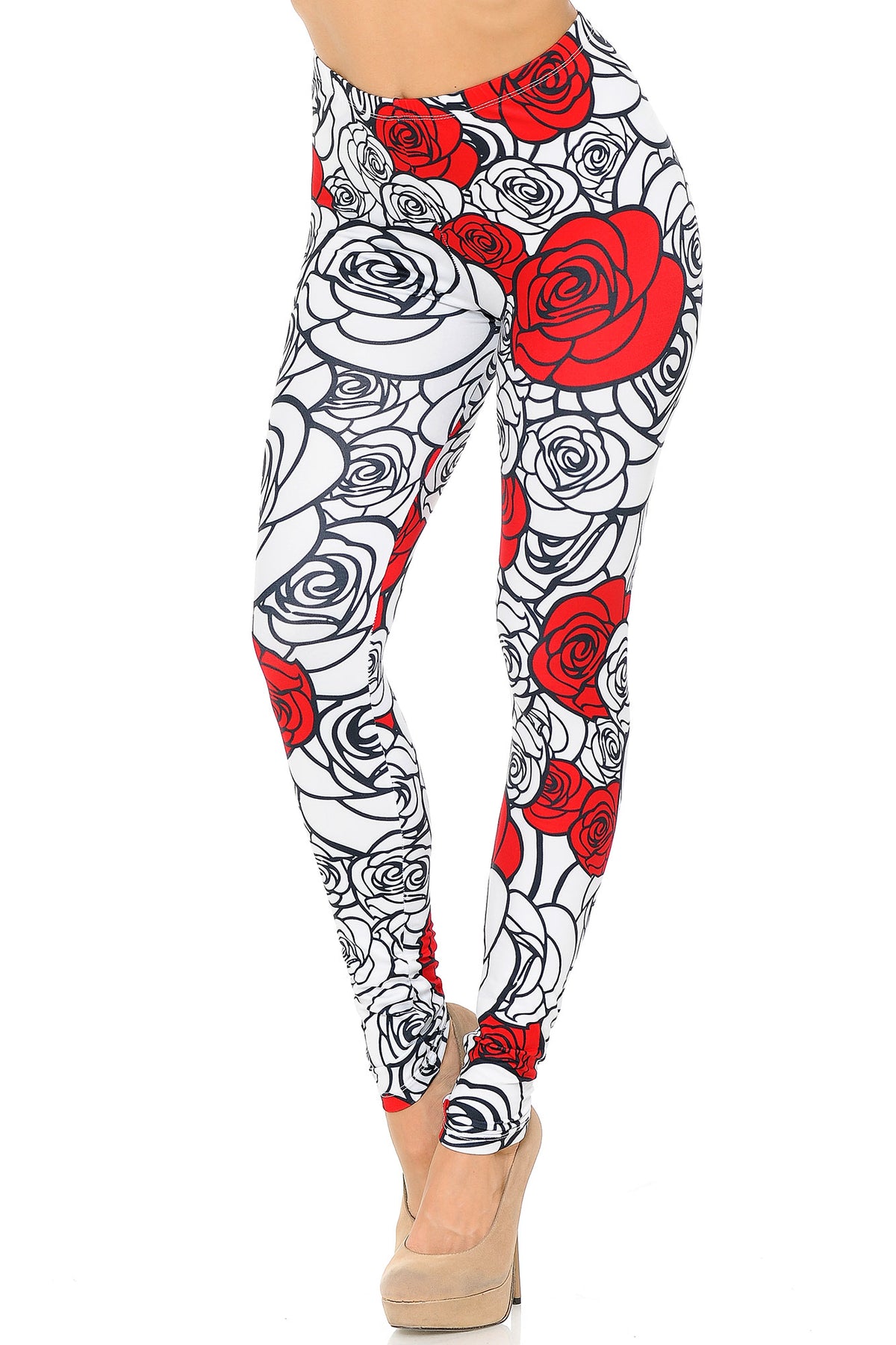 Creamy Soft Red Stencil Roses Leggings - USA Fashion (One Size Regular,White)