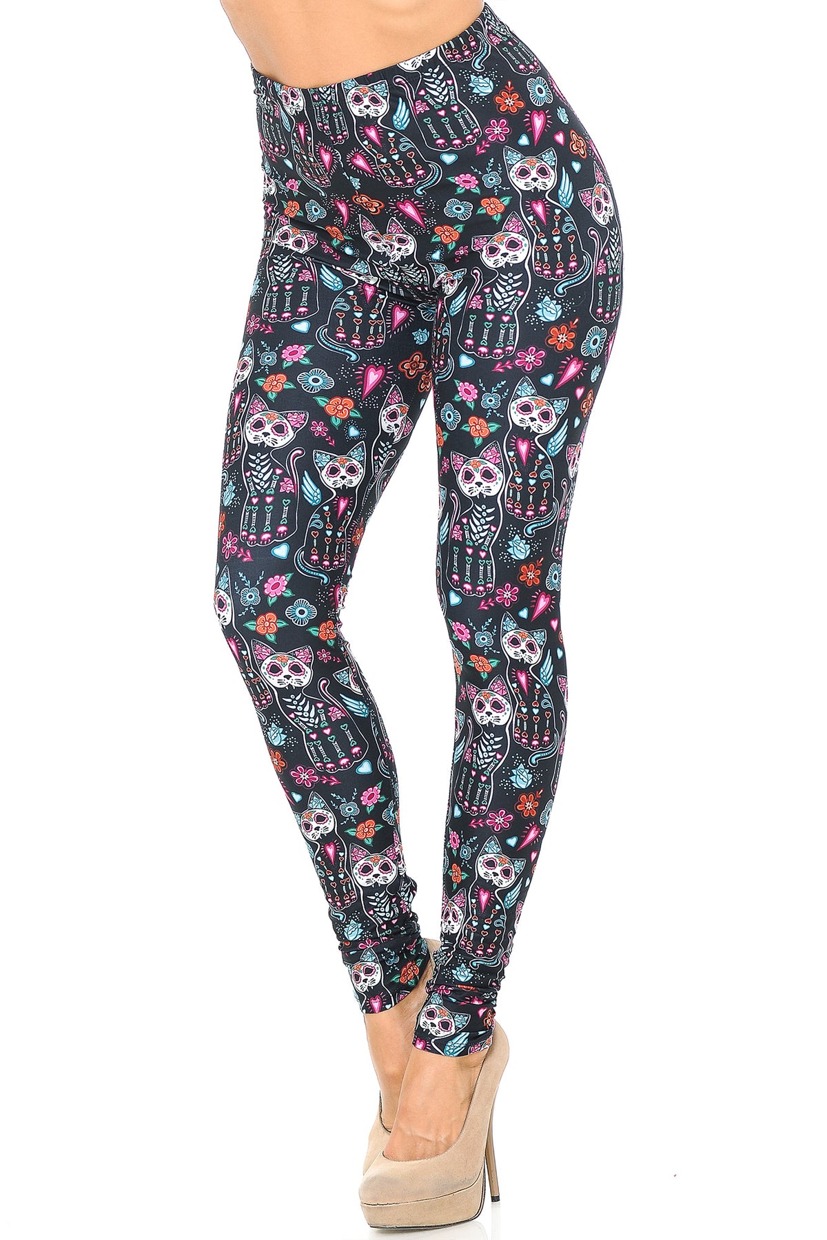 Creamy Soft Sugar Skull Kitty Cats Leggings - USA Fashion (One Size Regular,Multi Color Bold)
