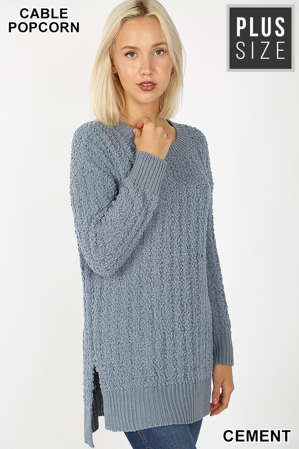 Cable Knit Popcorn Round Neck Hi-Low Plus Size Sweater