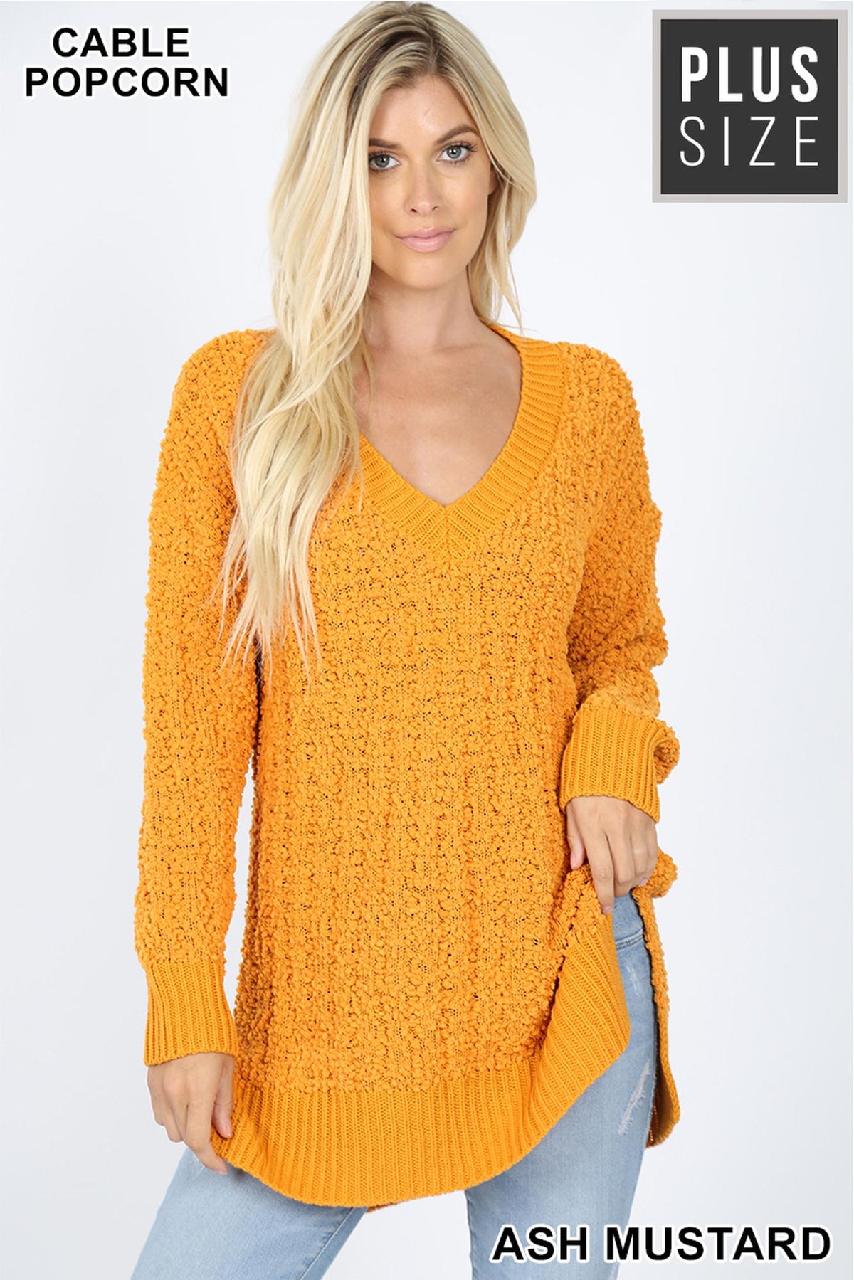 Cable Knit Popcorn V-Neck Hi-Low Plus Size Sweater