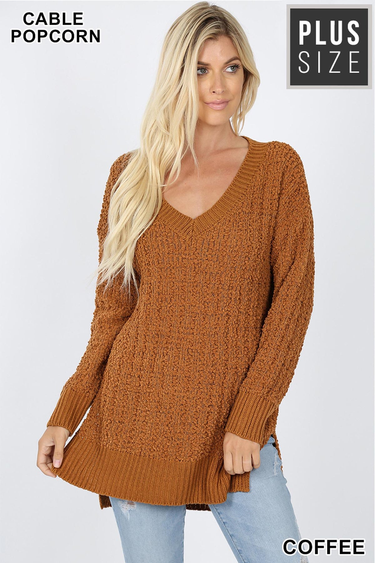 Cable Knit Popcorn V-Neck Hi-Low Plus Size Sweater