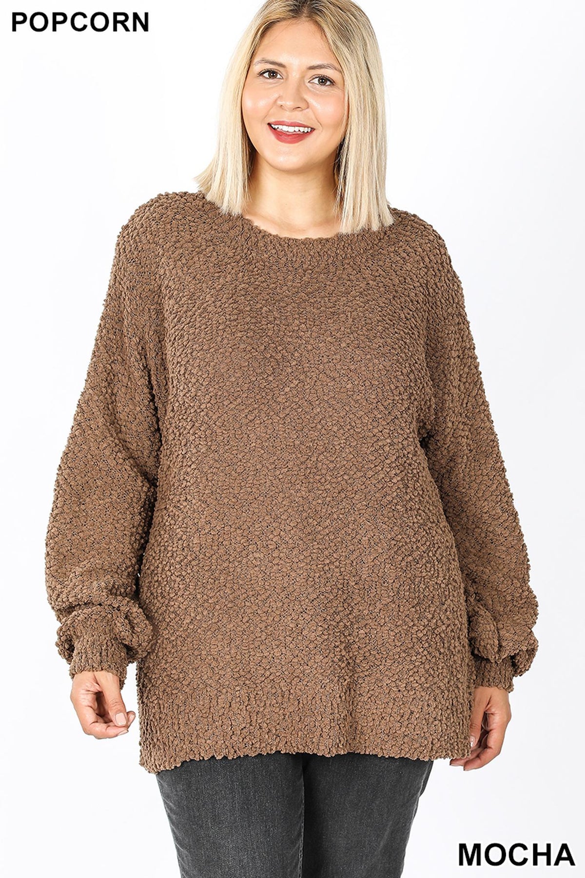Popcorn Balloon Sleeve Round Neck Plus Size Pullover Sweater