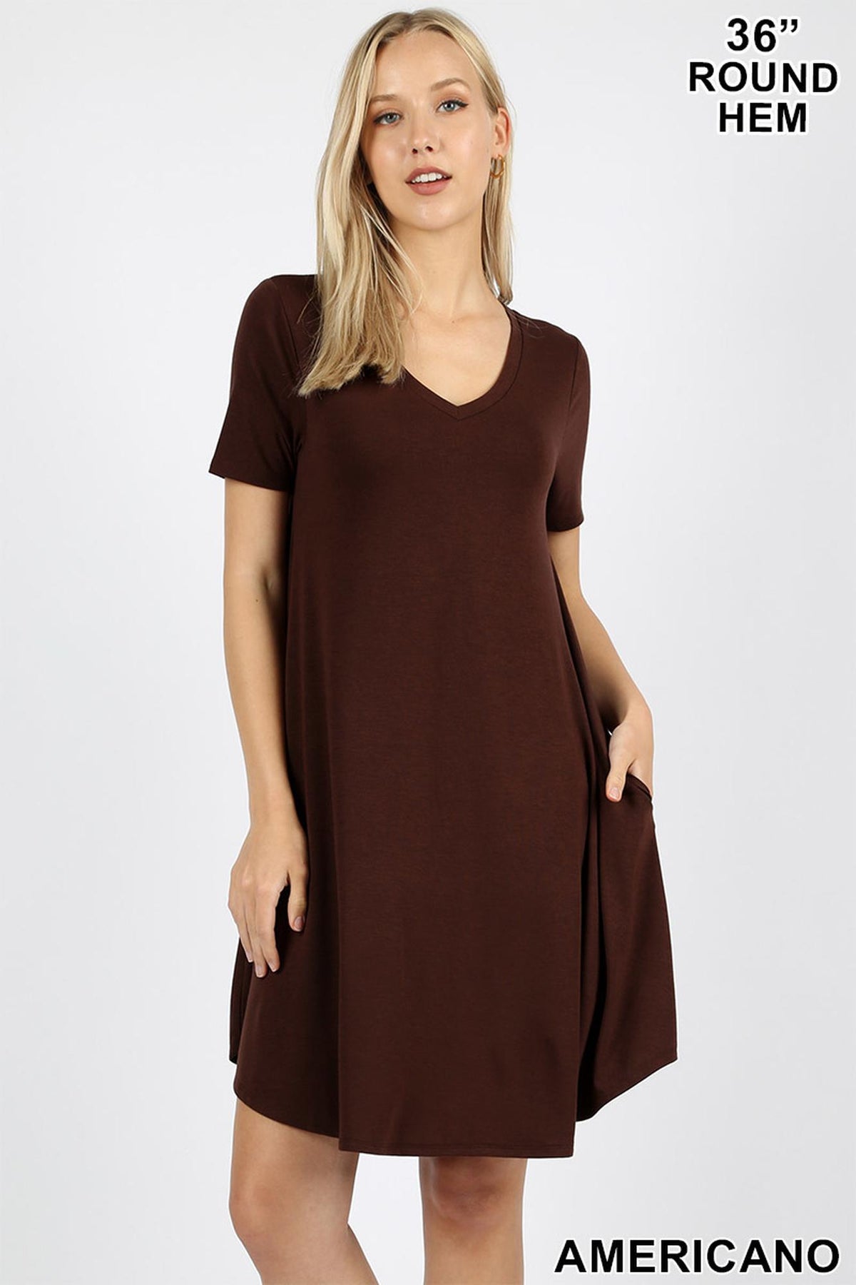 V-Neck Round Hem Short Sleeve Rayon Top with Pockets - 36 Inch Length