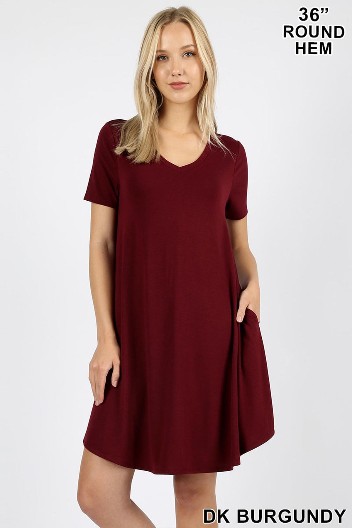 V-Neck Round Hem Short Sleeve Rayon Top with Pockets - 36 Inch Length