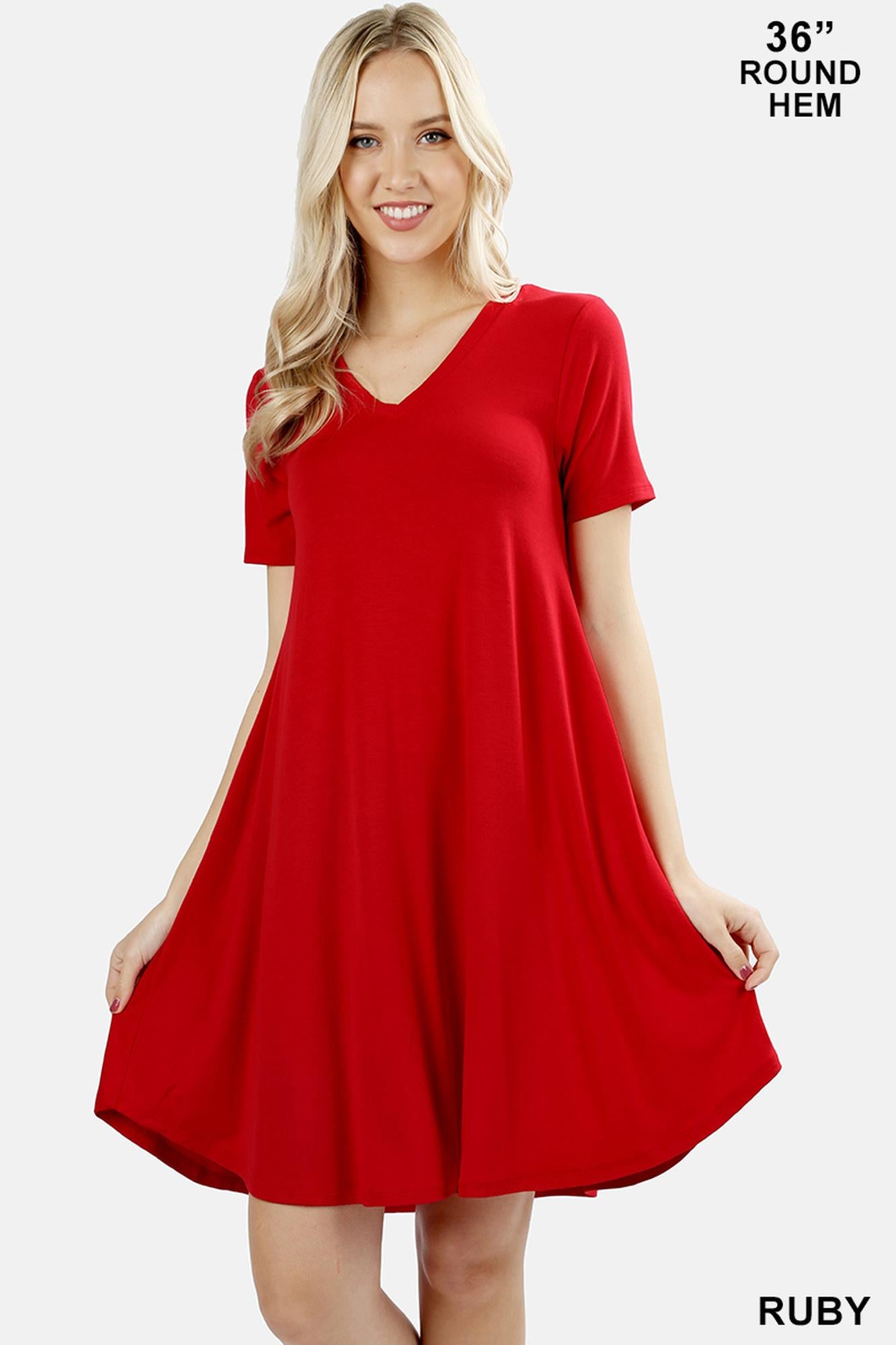 V-Neck Round Hem Short Sleeve Rayon Top with Pockets - 36 Inch Length