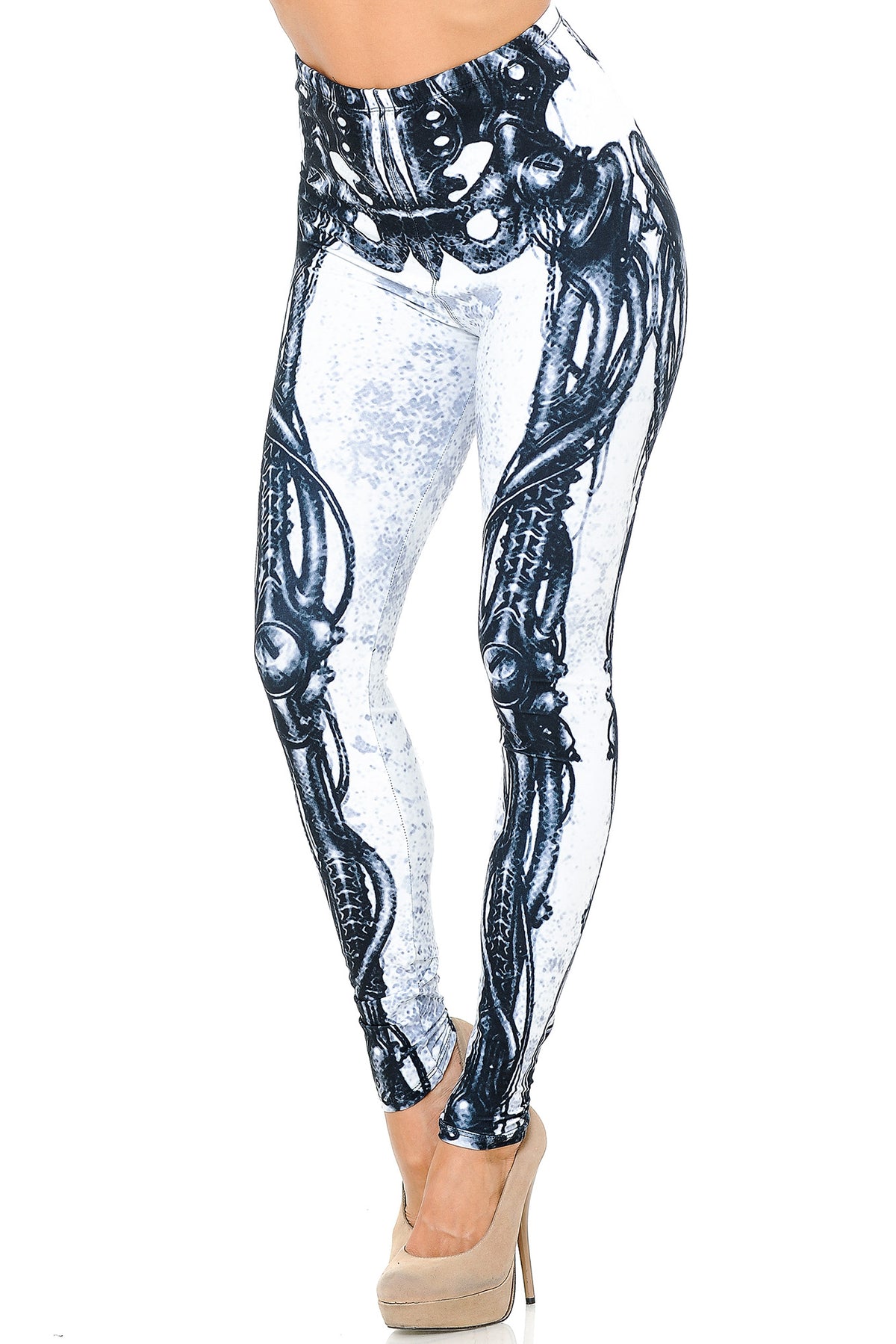 Creamy Soft White Bio Mechanical Skeleton Leggings (Steam Punk) - USA Fashion (One Size Regular,White)
