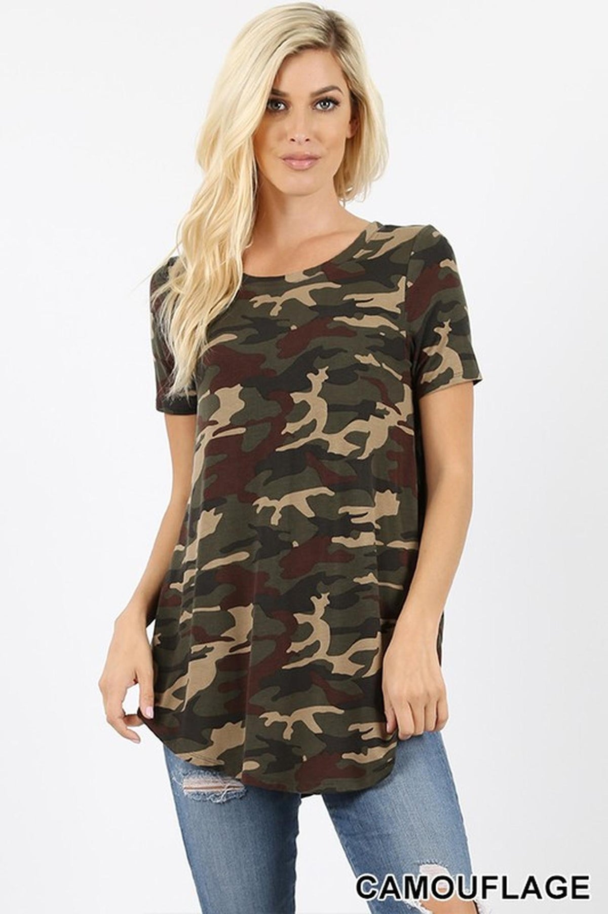 Short Sleeve Round Neck and Round Hem Camouflage Top