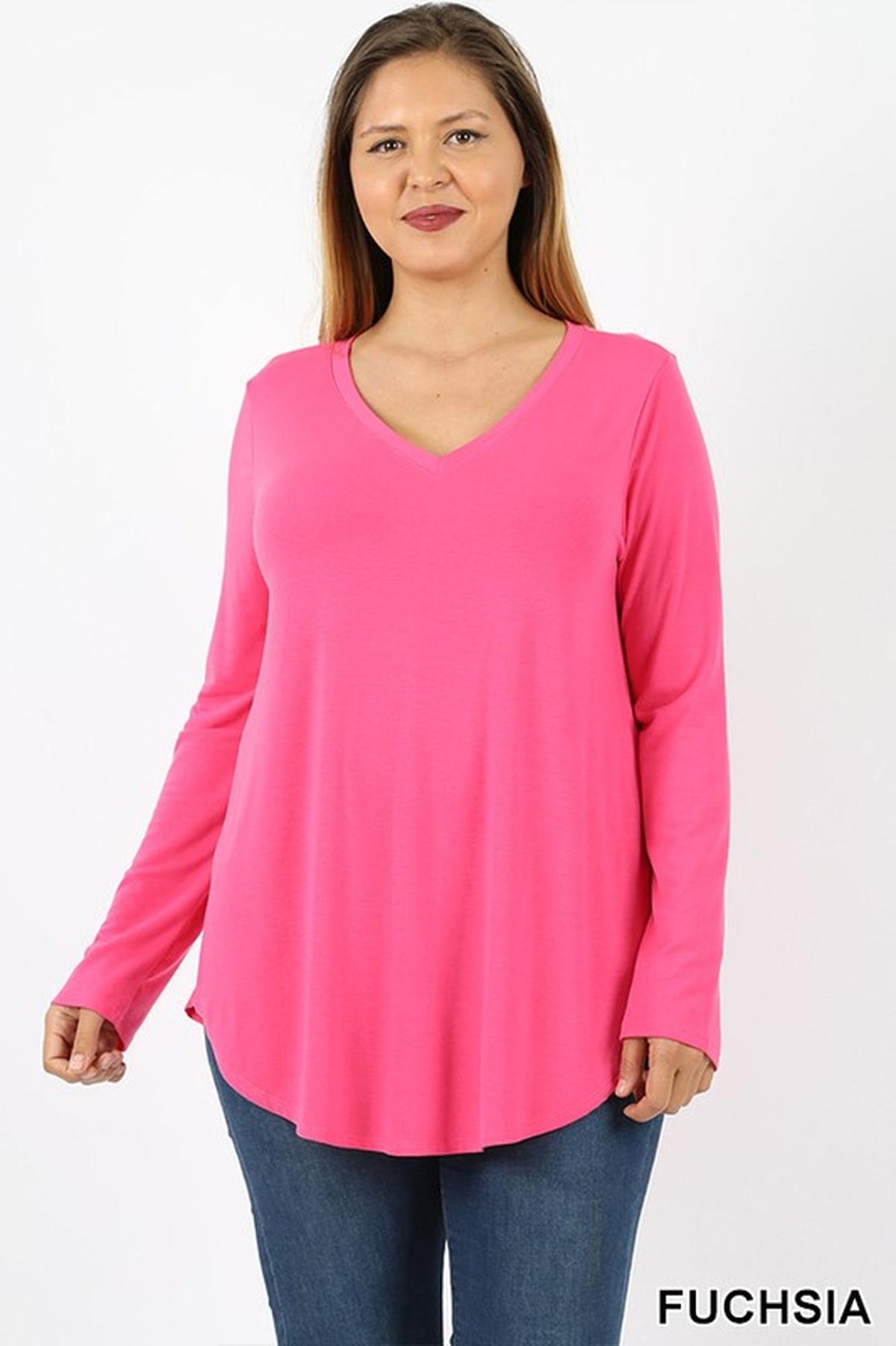 Premium V-Neck Round Hem Long Sleeve Plus Size Top