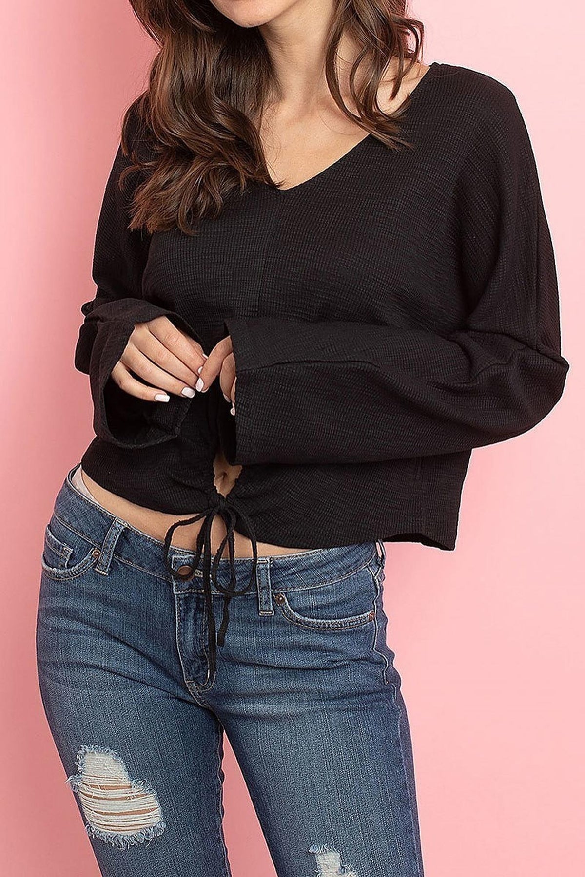 Cropped Waist Tie Hem Long Sleeve Cotton V-Neck Top