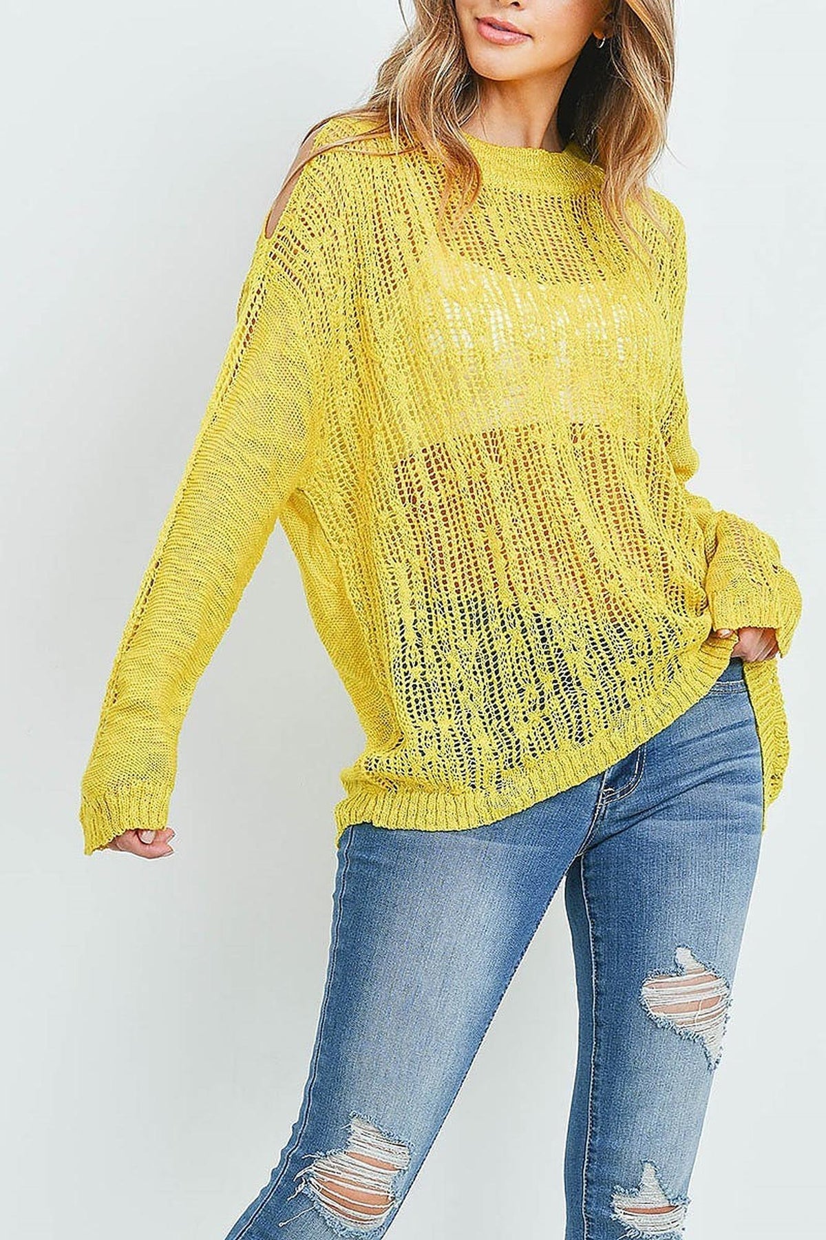 Sheer Crochet Detail Cold Shoulder Sweater