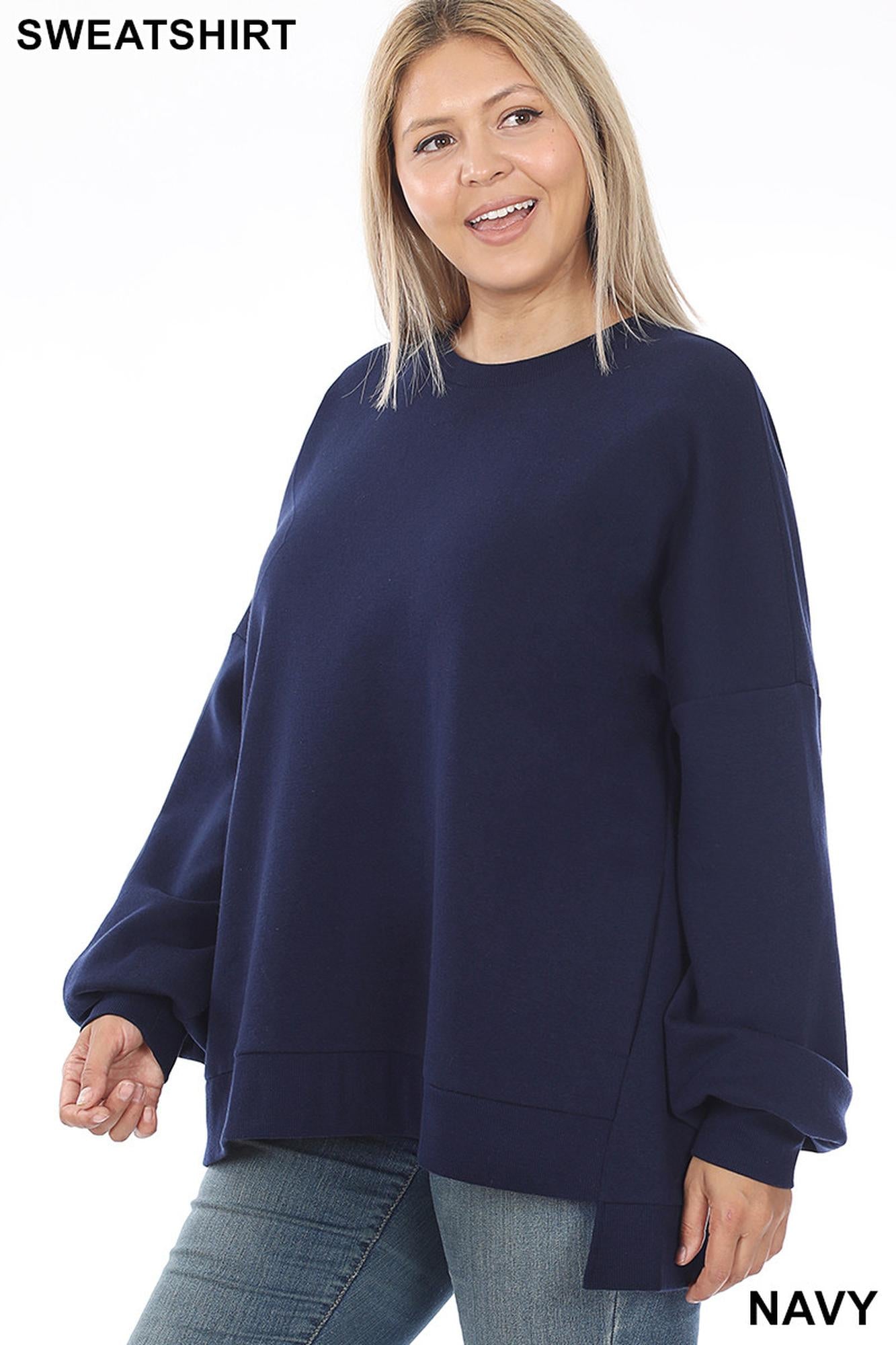 Crew Neck Hi-Low Pullover Top with Side Pockets