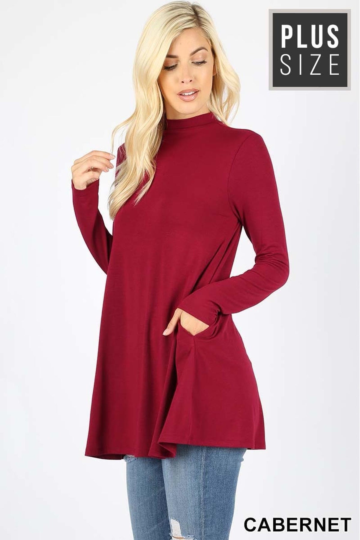 Long Sleeve Mock Neck Plus Size Top with Pockets